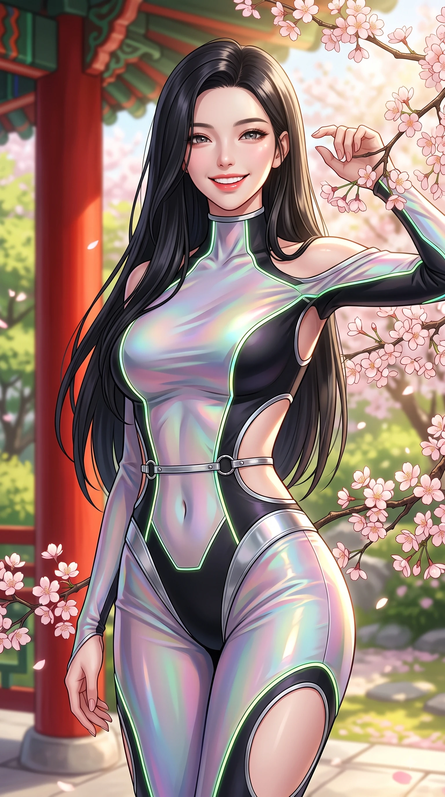 score_9, masterpiece, best quality, ultra-detailed, high-budget anime keyframe, editorial fashion photography, tasteful artistic composition, Korean woman. close-up cowboy shot from the waist and thighs up, the character dominates the composition, filling the frame with her large presence, background elements kept in soft focus. Radiant bright smile with sparkling eyes directed right into the lens, her torso turning in a dynamic S-curve alignment while resting cheerfully against a blooming sakura branch as golden morning sunbeams fill the air, red vermilion pavilion columns contrasting vividly with green spring foliage. She has an exceptionally elegant, slender, and willowy female figure with an ultra-slim waist, a gracefully sculpted slender torso, and a refined silhouette. sharp v-shaped jawline, high-bridge nose, intricate jewel-like eyes with depth, thick eyelashes, glossy lips with a natural sheen, flawlessly proportioned anatomical accuracy, natural body alignment, perfectly sculpted elegant limbs, clean dynamic posture without body distortion. wearing a skin-tight cybernetic bodysuit with glowing neon seams and side cutouts in matte black and polished silver, crafted from iridescent chiffon that shifts colors in the light, accented with delicate chrome ring hardware framing her waist, the elegant draped fit framing her graceful clavicle and slender torso. surrounded by a serene, uplifting spring aura with cheerful highlights. highly saturated vibrant anime colors, detailed shading with soft gradients, rich glossy textures, high-contrast stereoscopic depth, volumetric dynamic lighting, master piece, 9:16 ratio