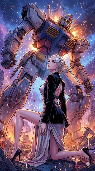score_9, masterpiece, best quality, ultra-detailed, high-budget anime movie keyframe, cinematic anime lighting, intricate line art, Japanese woman. Low angle cowboy shot capturing a powerful motion and statuesque presence. kneeling in a rain of spark
