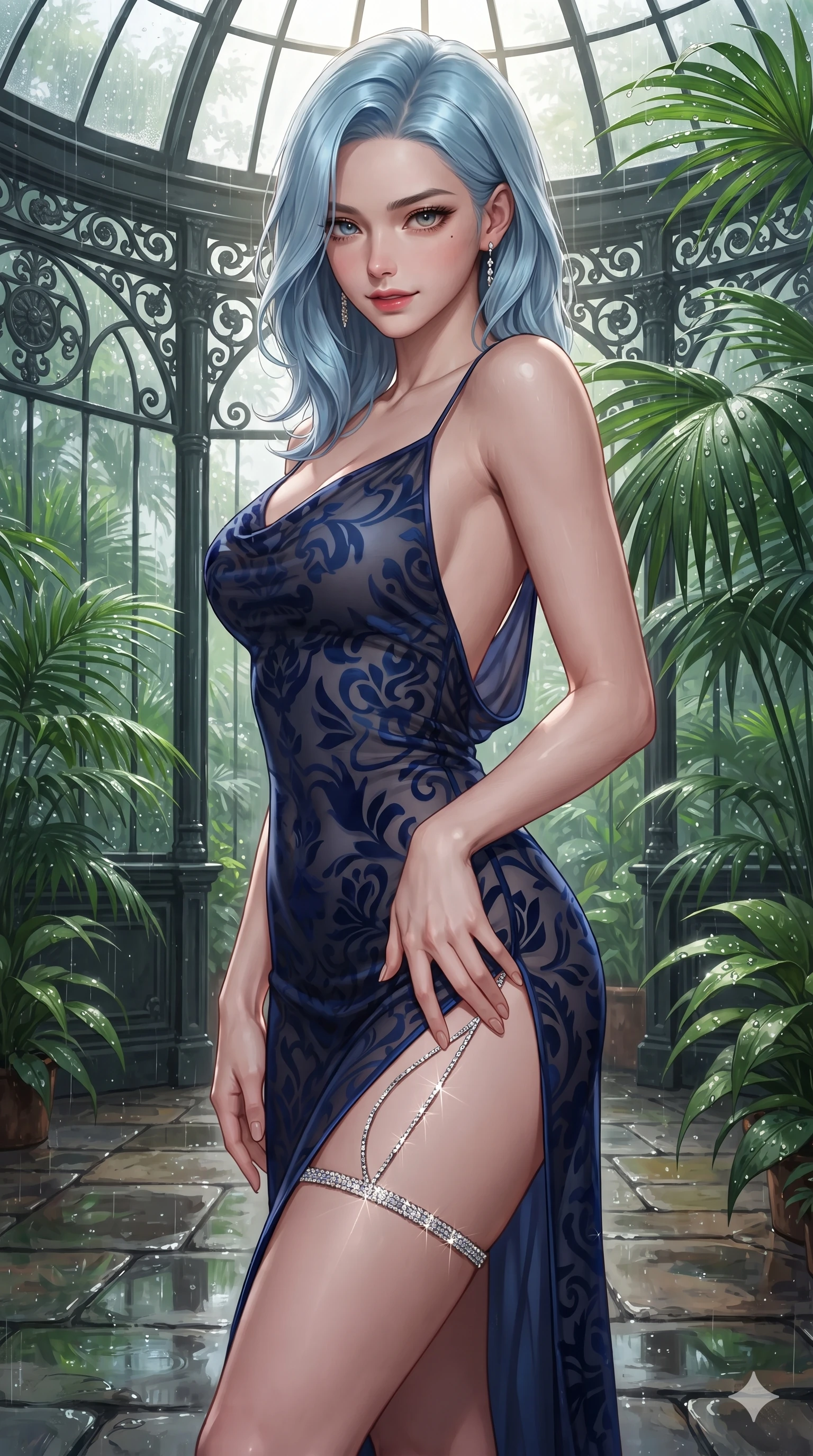 score_9, masterpiece, best quality, ultra-detailed, high-budget anime keyframe, editorial fashion photography, tasteful artistic composition, Korean woman. close-up cowboy shot from the waist and thighs up, the character dominates the composition, filling the frame with her large presence. tilting her head with a teasing half-smile, running one hand slowly down the side of her hip in a flirtatious S-curve as ambient light caresses her silhouette while twisting her slender torso in an alluring contrapposto stance, dappled sunbeam patterns and emerald leaf reflections tracing her flat midriff and hourglass curves. The surrounding environment is rendered in vivid detail and crisp panoramic clarity: sharp cast-iron botanical scrollwork, moisture droplets on glossy palm leaves, and crisp glass dome mullions in deep focus. She has an exceptionally elegant, slender, and willowy female figure with an ultra-slim waist, flat toned midriff, narrow ribcage, and sculpted feminine hips creating an alluring, slim hourglass silhouette without bulk. sharp v-shaped jawline, high-bridge nose, intricate jewel-like sparkling eyes with depth, thick eyelashes, glossy parted lips with a natural sheen, intensely captivating and seductive bedroom-eyes expression, exuding both youthful cute charm and sovereign luxury allure, flawlessly proportioned anatomical accuracy, strict slender model proportions, natural body alignment, perfectly sculpted long slender limbs, ultra-slim waistline, clean dynamic posture without body distortion. wearing a form-contouring gossamer silk chiffon slip dress with a hip-high slit and open cowl back clinging with dewy moisture in midnight sapphire blue and liquid platinum, made of sheer contouring power-mesh with velvet flocking patterns, finished with delicate crystal-encrusted thigh garter straps glinting in the dim light, the form-contouring material adhering flawlessly to her sculpted flat midriff and slender torso, emphasizing her long leg lines and perfectly proportioned willowy build. illuminated by wet flagstone floor reflections and sharp emerald-gold rim lights sculpting her razor-sharp jawline, narrow waist, and curvy hips. ultra-reflective glossy finish, specular highlights, rich textural contrasts, high-contrast stereoscopic depth, volumetric dynamic lighting, 2k, ultra detail, master piece, 9:16 ratio