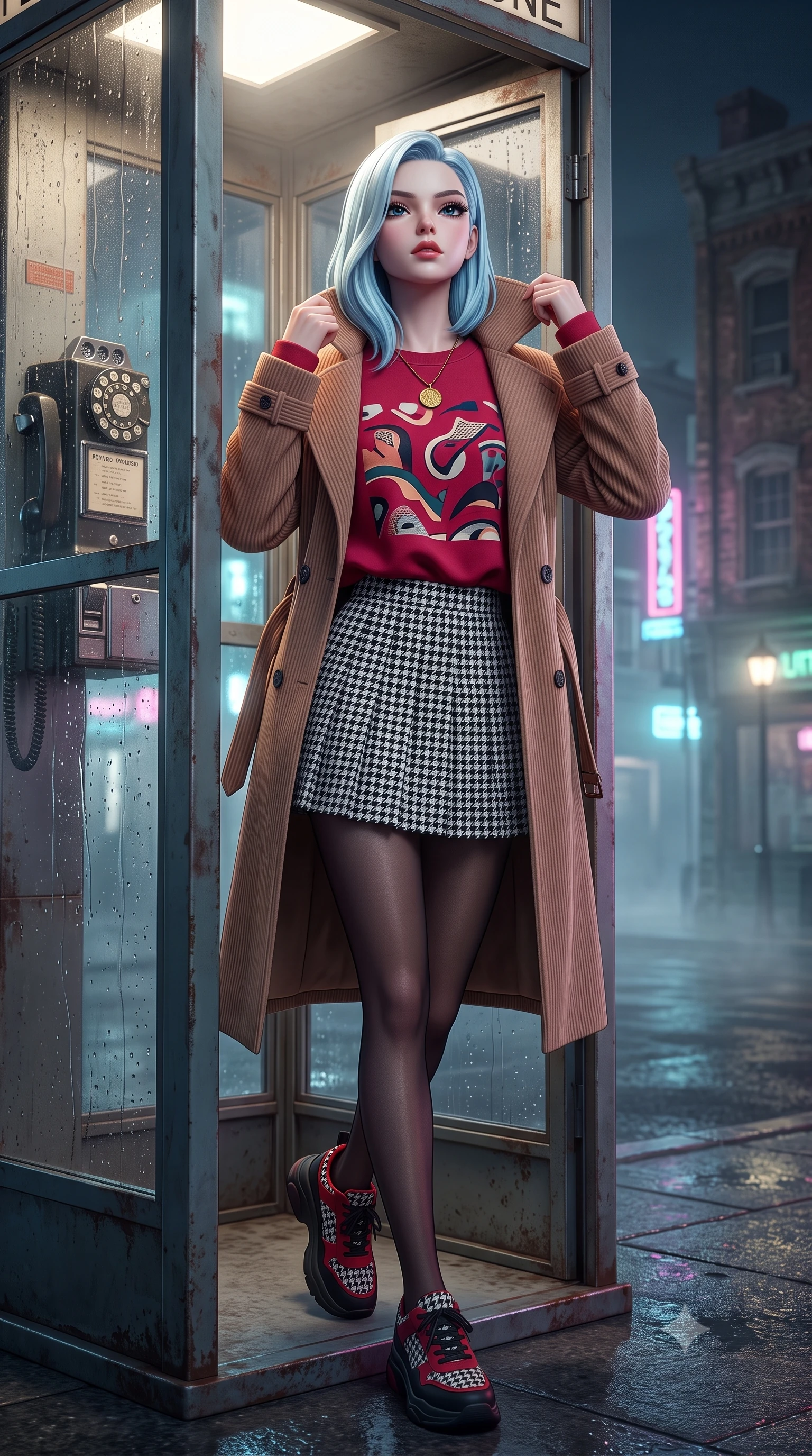 score_9, masterpiece, best quality, ultra-detailed, high-budget anime keyframe, semi-realistic 3D game render, editorial fashion photography, tasteful artistic composition, Korean woman. close-up cowboy shot from the waist and thighs up, the character dominates the composition, filling the frame with her large presence. tilting her chin up with proud, sovereign confidence while gazing directly into the lens with thick, dark eyelashes while stepping out of the retro phone booth into the misty night street, pulling her trench coat collar up with effortless cool. The surrounding environment is rendered in vivid detail and crisp panoramic clarity. crisp water droplet tracks on glass, rotary dial telephone textures, and weathered metal booth frames in deep focus. She has an exceptionally elegant, slender, and willowy female figure with an ultra-slim waist, a gracefully sculpted slender torso, toned flat midriff, and a refined slim silhouette. sharp v-shaped jawline, high-bridge nose, intricate jewel-like eyes with depth, thick eyelashes, glossy lips with a natural sheen, captivating and magnetic expression, flawlessly proportioned anatomical accuracy, strict slender model proportions, natural body alignment, perfectly sculpted long slender limbs, ultra-slim waistline, clean dynamic posture without body distortion. wearing a vibrant retro graphic oversized sweatshirt paired with a pleated tennis skirt and chunky sneakers in classic monochrome houndstooth and cherry red, tailored from soft fine-wale corduroy with rich velvety texture, accented with a vintage gold coin pendant necklace and dark sheer tights, the glove-like aerodynamic second-skin fit tightly clinging to her ultra-slender waist and athletic curves without adding bulk, accentuating her razor-sharp statuesque lines and slim hourglass silhouette. surrounded by an emotional, poetic, and heartwarming vintage movie heroine aura. highly saturated vibrant anime colors, detailed shading with soft gradients, rich glossy textures, high-contrast stereoscopic depth, volumetric dynamic lighting, master piece, 9:16 ratio