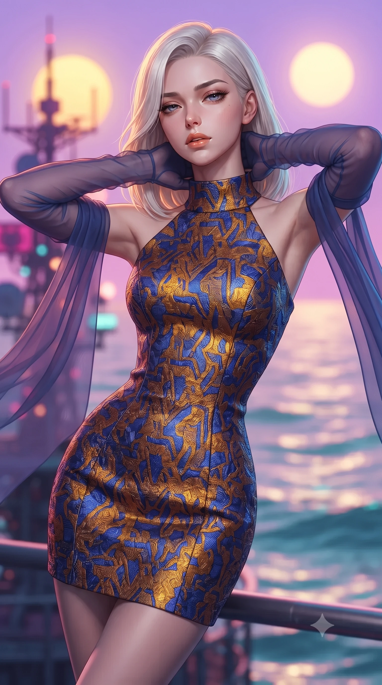 score_9, masterpiece, best quality, ultra-detailed, high-budget anime keyframe, editorial fashion photography, tasteful artistic composition, Caucasian woman. close-up cowboy shot from the waist and thighs up, the character dominates the composition, filling the frame with her large presence. resting both hands lightly behind her neck with elbows raised, arching her spine to highlight her narrow waist, flat midriff, and breathtaking collarbones while leaning against the nautical radar pylon with hips cocked back, gazing out across undulating chromatic waves under twin setting suns with heavy-lidded bedroom-eyes. The background shows a soft-focus undulating chromatic liquid sea waves shifting between rose-gold and cyan, twin setting suns on the alien horizon, and research station antennas blurred into magenta, peach, and aquamarine bokeh. She has an exceptionally elegant, slender, and willowy female figure with an ultra-slim waist, flat toned midriff, narrow ribcage, and sculpted feminine hips creating an alluring, slim hourglass silhouette without bulk. sharp v-shaped jawline, high-bridge nose, intricate jewel-like sparkling eyes with depth, thick eyelashes, glossy parted lips with a natural peach sheen, bright cheerful beaming smile with an enchanting and coquettish sensual glint, exuding both youthful cute charm and seductive allure, flawlessly proportioned anatomical accuracy, strict slender model proportions, natural body alignment, perfectly sculpted long slender limbs, ultra-slim waistline, clean dynamic posture without body distortion. wearing a futuristic architectural jacquard shift dress with geometric high neckline and bracelet sleeves in Jovian amber and electric storm cobalt, woven from structured carbon-fiber jacquard with rich textural depth, complemented by sheer opera-length evening gloves tracing her slender arms, the impeccably tailored cut draping gracefully along her slender figure with aristocratic poise. bathed in the surreal dual illumination of twin setting suns—one golden amber, one lavender rose. ultra-reflective glossy finish, specular highlights, rich textural contrasts, high-contrast stereoscopic depth, volumetric dynamic lighting, 2k, ultra detail, master piece, 9:16 ratio