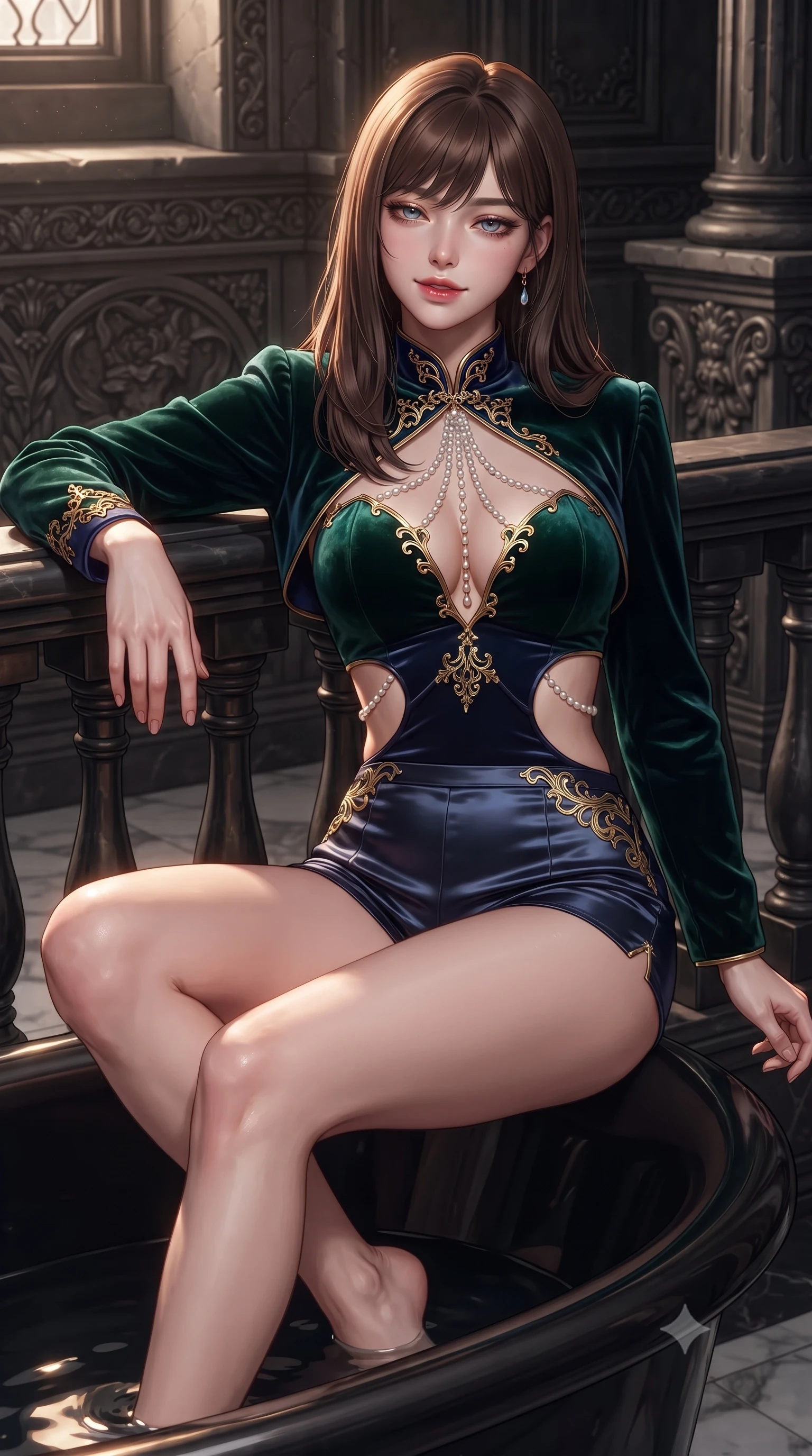 score_9, masterpiece, best quality, ultra-detailed, high-budget anime keyframe, editorial fashion photography, tasteful artistic composition, Korean woman. close-up cowboy shot from the waist and thighs up, the character dominates the composition, filling the frame with her large presence. leaning back against the balustrade with relaxed seductive grace, head tilted back slightly while casting a hypnotic, heavy-lidded gaze while sitting poised on the rolled rim of the black onyx bathtub with legs crossed, arching her spine with breathtaking wet-look boudoir grace. The surrounding environment is rendered in vivid detail and crisp panoramic clarity: detailed wet-look satin slip cling, delicate gold waist chain shine, and bespoke gothic bathroom craftsmanship in high resolution. She has an exceptionally elegant, slender, and willowy female figure with an ultra-slim waist, flat toned midriff, narrow ribcage, and sculpted feminine hips creating an alluring, slim hourglass silhouette without bulk. sharp v-shaped jawline, high-bridge nose, sparkling eyes with hypnotic seductive depth, thick curled eyelashes, glossy parted lips with a natural dewy peach sheen, alluring bedroom-eyes with an enchanting coquettish smile, exuding magnetic siren charisma and sophisticated glamour, flawlessly proportioned anatomical accuracy, strict slender model proportions, natural body alignment, perfectly sculpted long slender limbs, ultra-slim waistline, clean dynamic posture without body distortion. wearing a modern two-piece vampire siren set featuring an open-front velvet bolero and curve-hugging satin hot-pants in deep emerald velvet and dark sapphire with gold filigree, woven from buttery-soft stretch lambskin leather adhering to her body like a second skin, accented with a pearl-drop body harness subtly framing her dewy collarbones and spine, the precision-cut side openings and low-back scoop framing her graceful spine and the sensual sweep of her slim, toned hips. illuminated by bathwater reflection bounce and sharp warm-gold rim lights defining her delicate clavicles, ultra-slim waist, and curvy hips. ultra-reflective glossy finish, specular highlights, rich textural contrasts, high-contrast stereoscopic depth, volumetric dynamic lighting, 2k, ultra detail, master piece, 9:16 ratio