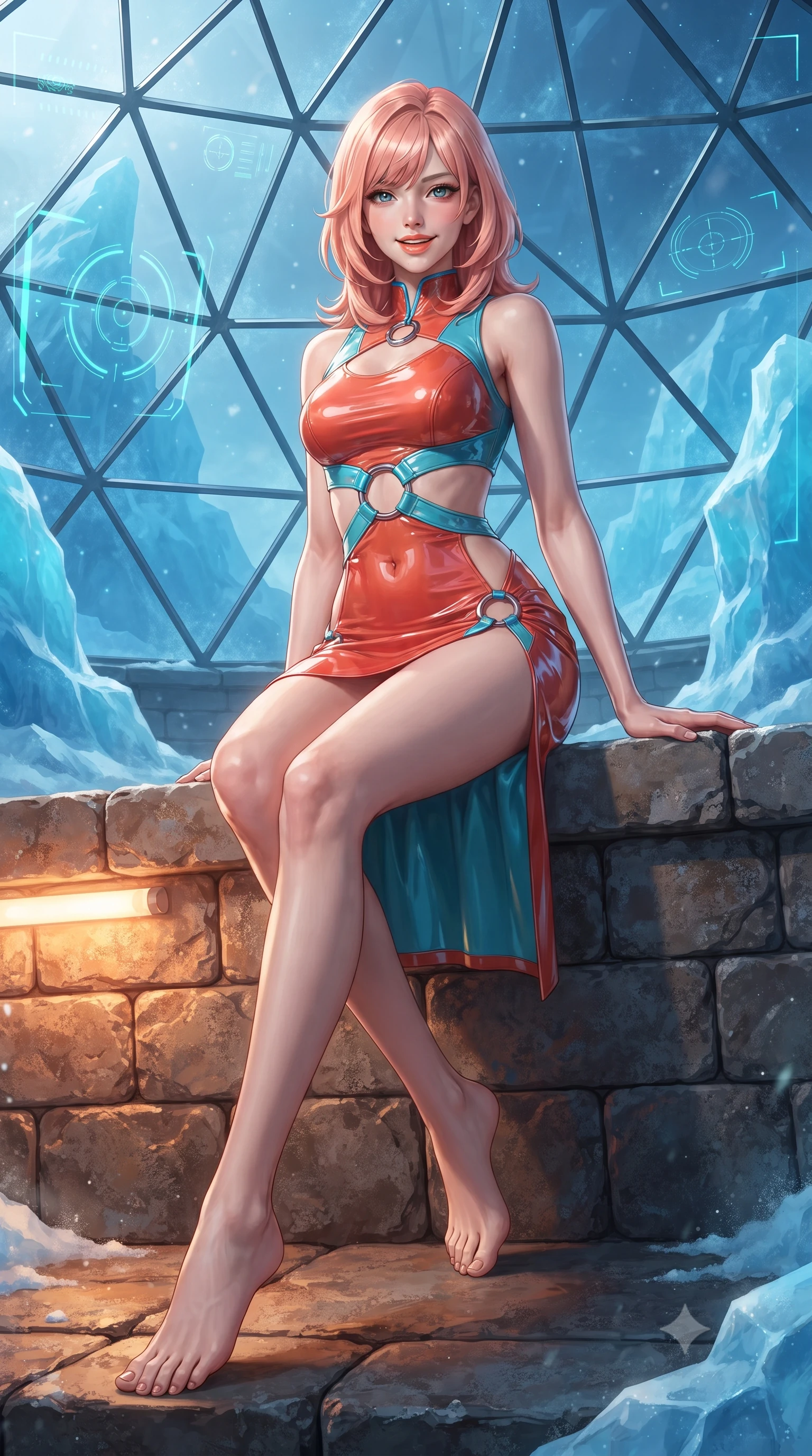 score_9, masterpiece, best quality, ultra-detailed, high-budget anime keyframe, editorial fashion photography, tasteful artistic composition, Japanese woman. low angle full-body shot from head to toe showing her feet, filling the entire 9:16 vertical frame with her statuesque presence, stretching her vertical silhouette. stepping forward in a confident stride, her long slender legs and curvaceous hips creating a dynamic, sweeping vertical line while sitting gracefully on the heated stone parapet ledge with legs crossed, flashing an enchanting smile with parted glossy lips. The surrounding environment is rendered in vivid detail and crisp panoramic clarity: sharp faceted geodesic glass dome frames, wind-sculpted blue ice crusts, and glowing tactical HUD reticles in deep focus. She has an exceptionally tall and slender model-like 8.5-heads proportion, an ultra-slim waist, a flat toned midriff, narrow delicate ribcage, and beautifully sculpted feminine hips creating a graceful, slim hourglass silhouette without any bulky heaviness, with impossibly long slender legs. sharp v-shaped jawline, high-bridge nose, intricate jewel-like sparkling eyes with depth, thick eyelashes, glossy parted lips with a natural peach sheen, bright cheerful beaming smile with an enchanting and coquettish sensual glint, exuding both youthful cute charm and seductive allure, flawlessly proportioned anatomical accuracy, strict slender model proportions, natural body alignment, perfectly sculpted long slender limbs, ultra-slim waistline, clean dynamic posture without body distortion. wearing a provocative open-waist combat cutout mini dress framed by polished chrome ring hardware and thigh-high slit in cyber-shinto vermilion and laser turquoise, tailored from high-gloss patent leather with mirror-like specular highlights, complemented by strappy stiletto sandals with metallic ankle wraps accentuating her slender calves, the second-skin tailored fabric adhering flawlessly to her sculpted flat midriff and slender torso, emphasizing her long leg lines and perfectly proportioned willowy build. illuminated by snow crust reflection bounce and sharp aurora-emerald rim lights sculpting her jawline, narrow waist, and curvy hips. ultra-reflective glossy finish, specular highlights, rich textural contrasts, high-contrast stereoscopic depth, volumetric dynamic lighting, 2k, ultra detail, master piece, 9:16 ratio