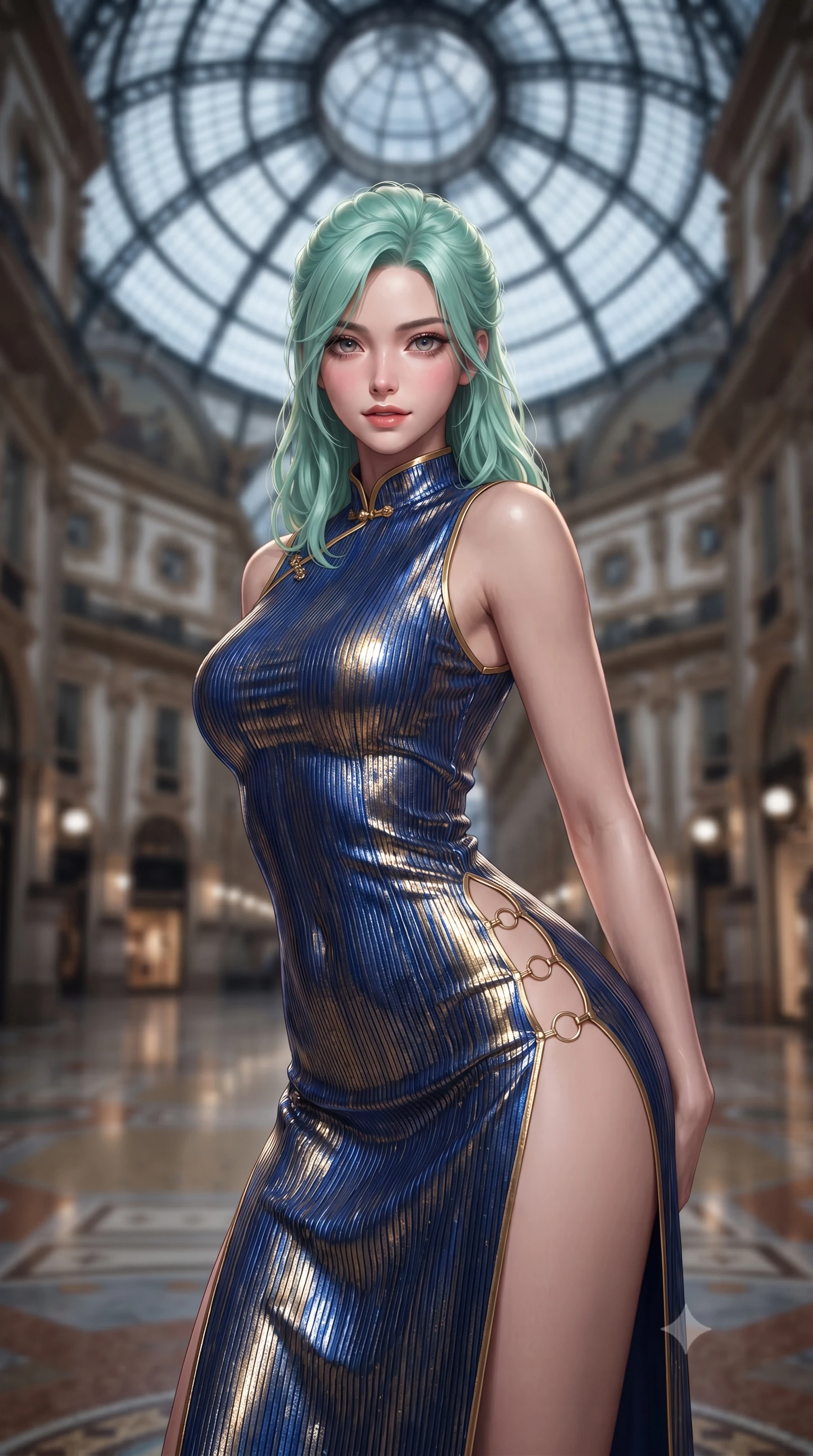 score_9, masterpiece, best quality, ultra-detailed, high-budget anime keyframe, editorial fashion photography, tasteful artistic composition, Japanese woman. close-up cowboy shot from the waist and thighs up, the character dominates the composition, filling the frame with her large presence. leaning forward while arching her lower back to accentuate her curvy hips, looking into the camera with an intoxicating smoldering gaze and bedroom-eyes while standing centered beneath the soaring octagonal glass dome in the quiet midnight arcade, arching her spine with sovereign supermodel poise. The background shows a soft-focus deserted marble promenade softened in private Milanese midnight runway shallow focus. She has an exceptionally elegant, slender, and willowy female figure with an ultra-slim waist, flat toned midriff, narrow ribcage, and sculpted feminine hips creating an alluring, slim hourglass silhouette without bulk. sharp v-shaped jawline, high-bridge nose, intricate jewel-like sparkling eyes with depth, thick eyelashes, glossy parted lips with a natural peach sheen, bright cheerful beaming smile with an enchanting and coquettish sensual glint, exuding both youthful cute charm and seductive allure, flawlessly proportioned anatomical accuracy, strict slender model proportions, natural body alignment, perfectly sculpted long slender limbs, ultra-slim waistline, clean dynamic posture without body distortion. wearing a modern cheongsam-inspired form-fitting sleeveless mini dress with mandarin collar and dramatic hip-high side slits in Burj Arabian royal sapphire blue and molten gold, crafted from delicate pleated metallic lamé catching dynamic light with every step, finished with fine gold ring clasps securing the daring side openings along her hip line, the second-skin tailored fabric adhering flawlessly to her sculpted flat midriff and slender torso, emphasizing her long leg lines and perfectly proportioned willowy build. illuminated by polished mosaic floor reflection bounce and sharp champagne rim lights sculpting her features, flat midriff, and slender waist. ultra-reflective glossy finish, specular highlights, rich textural contrasts, high-contrast stereoscopic depth, volumetric dynamic lighting, 2k, ultra detail, master piece, 9:16 ratio