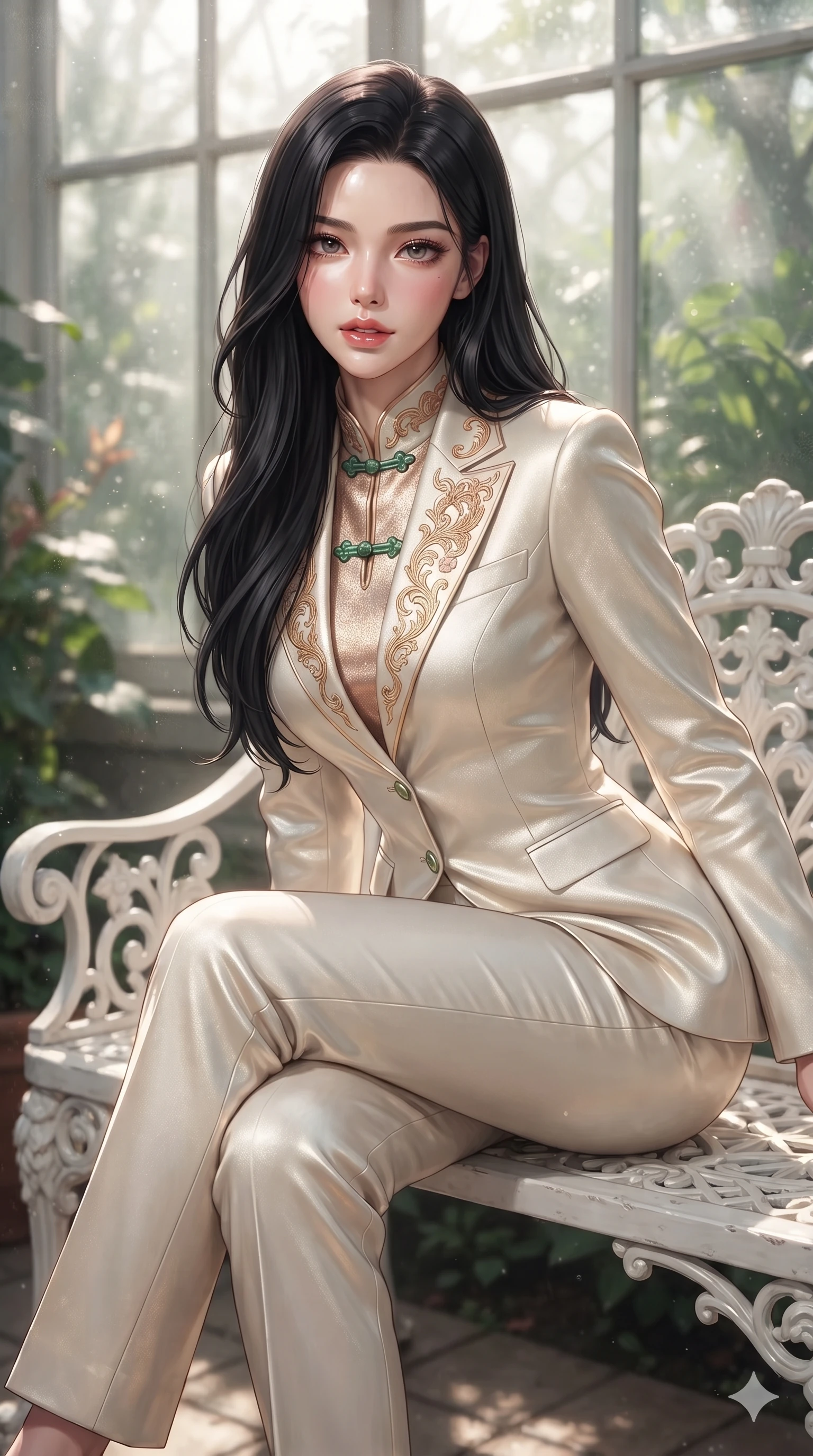 score_9, masterpiece, best quality, ultra-detailed, high-budget anime keyframe, editorial fashion photography, tasteful artistic composition, Korean woman. close-up cowboy shot from the waist and thighs up, the character dominates the composition, filling the frame with her large presence. leaning forward while arching her lower back to accentuate her curvy hips, looking into the camera with an intoxicating smoldering gaze and bedroom-eyes while sitting gracefully on the white cast-iron garden bench with legs crossed, flashing an enchanting smile with parted glossy lips. The background shows a soft-focus humid conservatory tropical mist softened in glass winter garden shallow focus. She has an exceptionally elegant, slender, and willowy female figure with an ultra-slim waist, flat toned midriff, narrow ribcage, and sculpted feminine hips creating an alluring, slim hourglass silhouette without bulk. sharp v-shaped jawline, high-bridge nose, intricate jewel-like sparkling eyes with depth, thick eyelashes, glossy parted lips with a natural sheen, intensely captivating and seductive bedroom-eyes expression, exuding both youthful cute charm and sovereign luxury allure, flawlessly proportioned anatomical accuracy, strict slender model proportions, natural body alignment, perfectly sculpted long slender limbs, ultra-slim waistline, clean dynamic posture without body distortion. wearing a bespoke Venetian tailored pantsuit in liquid ivory silk with golden filigree embroidery tracing the lapels in rose-quartz blush and burnished copper, crafted from luxurious metallic lamé that shifts radiance with every step, finished with sleek jade frog closures glinting along her high collar, the bespoke structured tailoring following the natural line of her 8.5-heads silhouette with refined elegance. bathed in the radiant, sun-drenched greenhouse light filtering through textured glass panes creating high-contrast dappled highlights. ultra-reflective glossy finish, specular highlights, rich textural contrasts, high-contrast stereoscopic depth, volumetric dynamic lighting, 2k, ultra detail, master piece, 9:16 ratio
