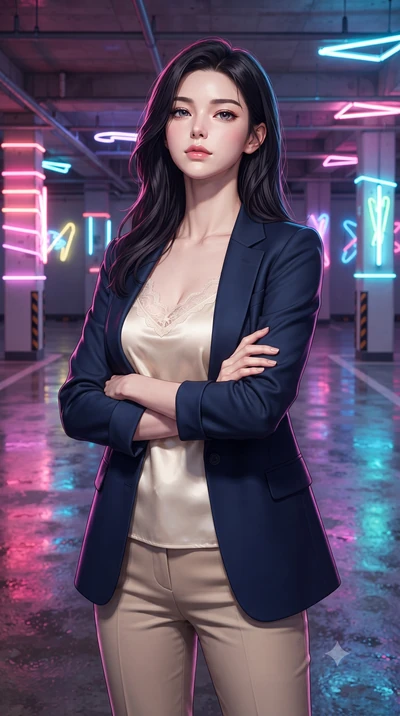 score_9, masterpiece, best quality, ultra-detailed, high-budget anime keyframe, editorial fashion photography, tasteful artistic composition, Korean woman. close-up cowboy shot from the waist and thighs up, the character dominates the composition, fi