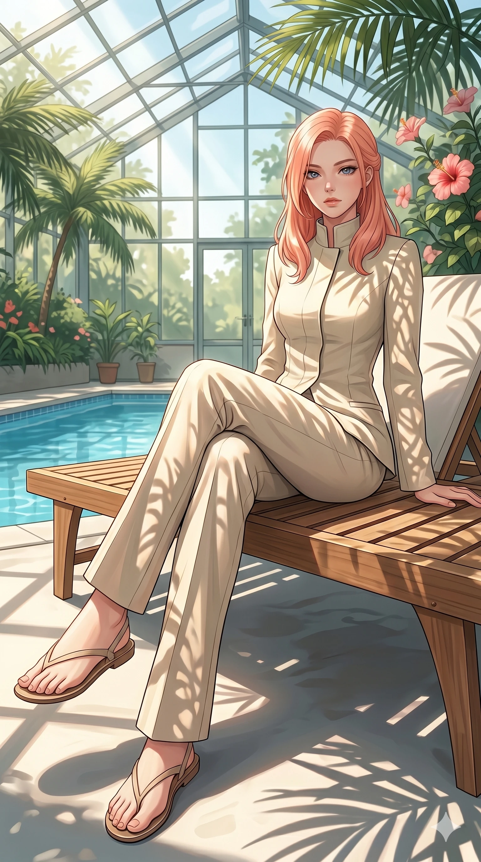 score_9, masterpiece, best quality, ultra-detailed, high-budget anime keyframe, editorial fashion photography, tasteful artistic composition, Japanese woman. low angle full-body shot from head to toe showing her feet, filling the entire 9:16 vertical frame with her statuesque presence, stretching her vertical silhouette. sitting on a sunbed, stretching her long legs toward the pool, looking directly into the camera with quiet confidence inside a bright, sunlit glass greenhouse filled with tropical palms and blooming hibiscus (Code-P19-004). She has an absolutely perfect 8-heads proportion, an exceptionally tall and slender female figure with impossibly long slender legs and an ultra-slim waist. V-shaped jawline, high-bridge nose, intricate jewel-like eyes with depth, thick eyelashes, glossy lips with a natural sheen. wearing a high-collar structured summer coat in pale bamboo fiber with matching long trousers. bathed in dappled sunlight filtering through tropical leaves, casting organic stencil shadows on her skin. 2k, ultra detail, master piece, 9:16 ratio