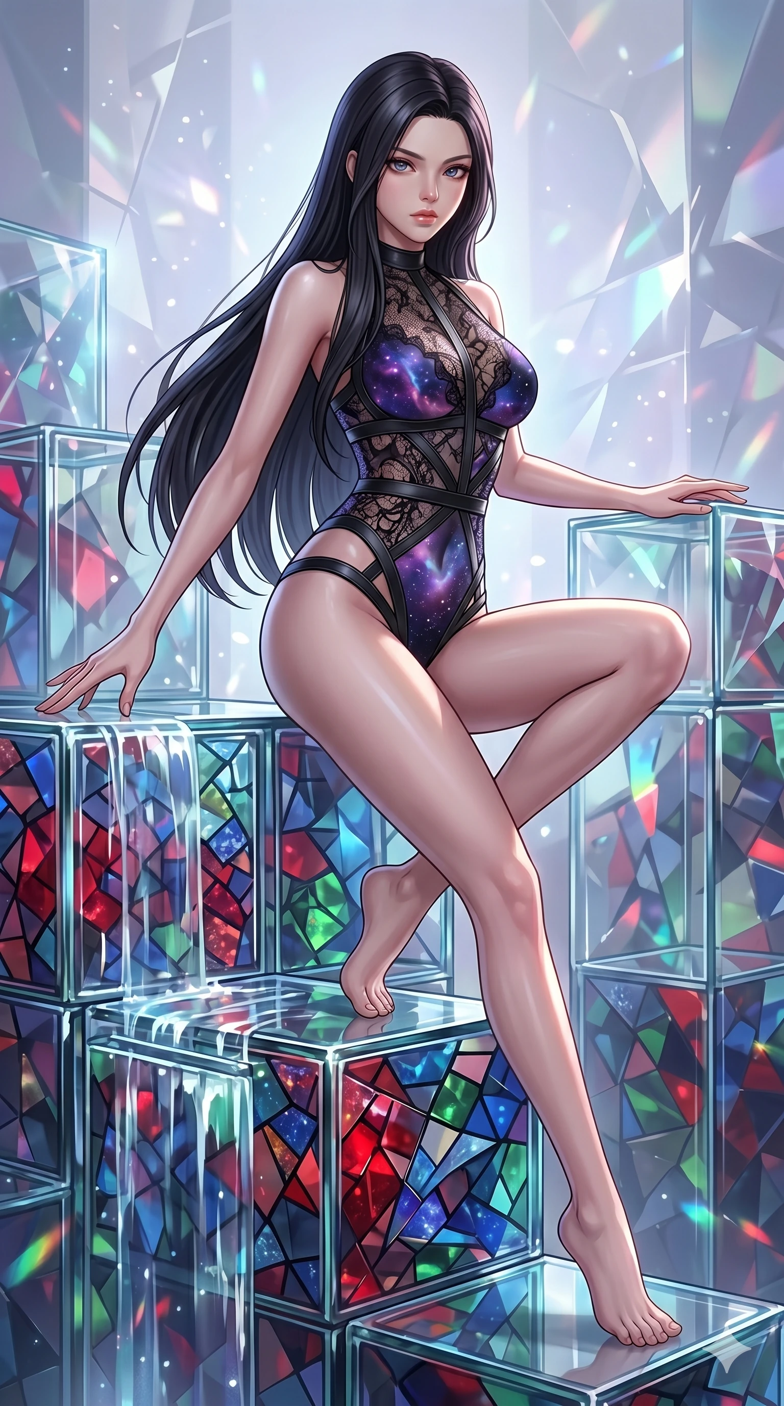 score_9, masterpiece, best quality, ultra-detailed, high-budget anime keyframe, Korean woman. upper body close-up from the thighs up, character filling the screen for maximum presence. balancing on cubist glass blocks that cascade like a waterfall, reflecting complex mosaic patterns and primary colors. She has an absolutely perfect 8-heads proportion, an exceptionally tall and slender female figure with impossibly long slender legs and an ultra-slim waist. V-shaped jawline, high-bridge nose, intricate jewel-like eyes with depth, thick eyelashes, glossy lips with a natural sheen.. wearing a gothic nebula lace bodysuit, featuring a sheer black lace bodysuit with cosmic nebula patterns, reinforced by matte leather straps. lit by a soft glowing ambient light and a sharp side key light that traces the sleek contours of her athletic build. 2k, ultra detail, master piece, 9:16 ratio