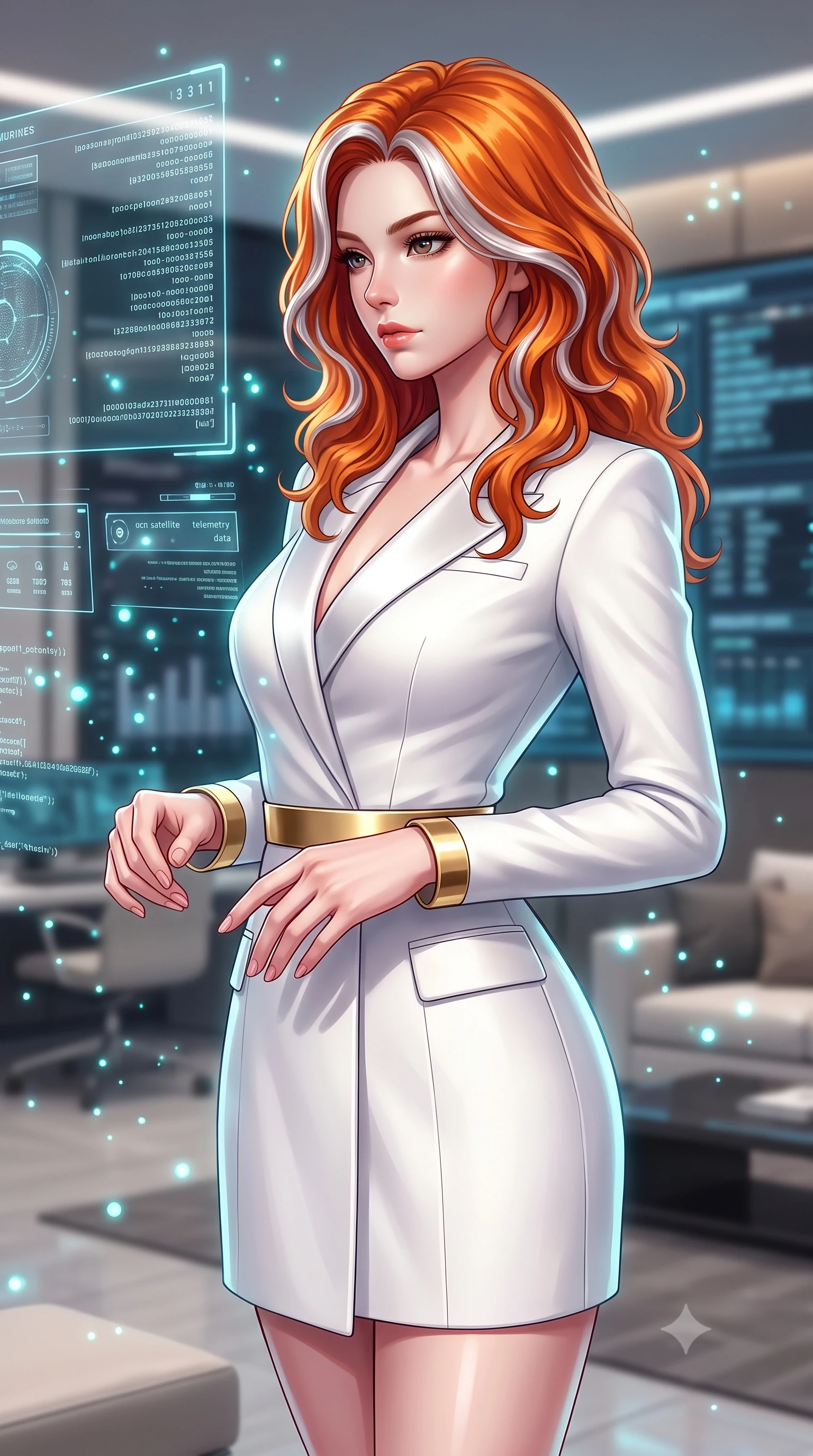 score_9, masterpiece, best quality, ultra-detailed, high-budget anime keyframe, semi-realistic 3D game render, editorial fashion photography, tasteful artistic composition, Caucasian woman. close-up cowboy shot from the waist and thighs up, the character dominates the composition, filling the frame with her large presence. holding her hands loosely in front with regal, aristocratic poise, radiating an overwhelming high-society aura while arching her spine in a fluid stretch while reviewing encrypted satellite telemetry data with a calm, intellectual expression. The composition keeps background elements in soft focus with creamy bokeh. glowing holographic code glyphs and UI particles scattering soft cyan light motes around her. She has an exceptionally elegant, slender, and willowy female figure with an ultra-slim waist, a gracefully sculpted slender torso, toned flat midriff, and a refined slim silhouette. sharp v-shaped jawline, high-bridge nose, intricate jewel-like eyes with depth, thick eyelashes, glossy lips with a natural sheen, captivating and magnetic expression, flawlessly proportioned anatomical accuracy, strict slender model proportions, natural body alignment, perfectly sculpted long slender limbs, ultra-slim waistline, clean dynamic posture without body distortion. wearing a chic tailored white tuxedo jacket dress with satin lapels and an ultra-slim waist-cinching gold belt in pristine royal white and brushed gold, made of structured fine wool crepe and liquid silk satin, accessorized with a bold diamond choker and minimalist gold cuffs edition #23, the glove-like aerodynamic second-skin fit tightly clinging to her ultra-slender waist and athletic curves without adding bulk, accentuating her razor-sharp statuesque lines and slim hourglass silhouette. surrounded by a mastermind, elite, and dangerously seductive intelligence director aura. highly saturated vibrant anime colors, detailed shading with soft gradients, rich glossy textures, high-contrast stereoscopic depth, volumetric dynamic lighting, master piece, 9:16 ratio