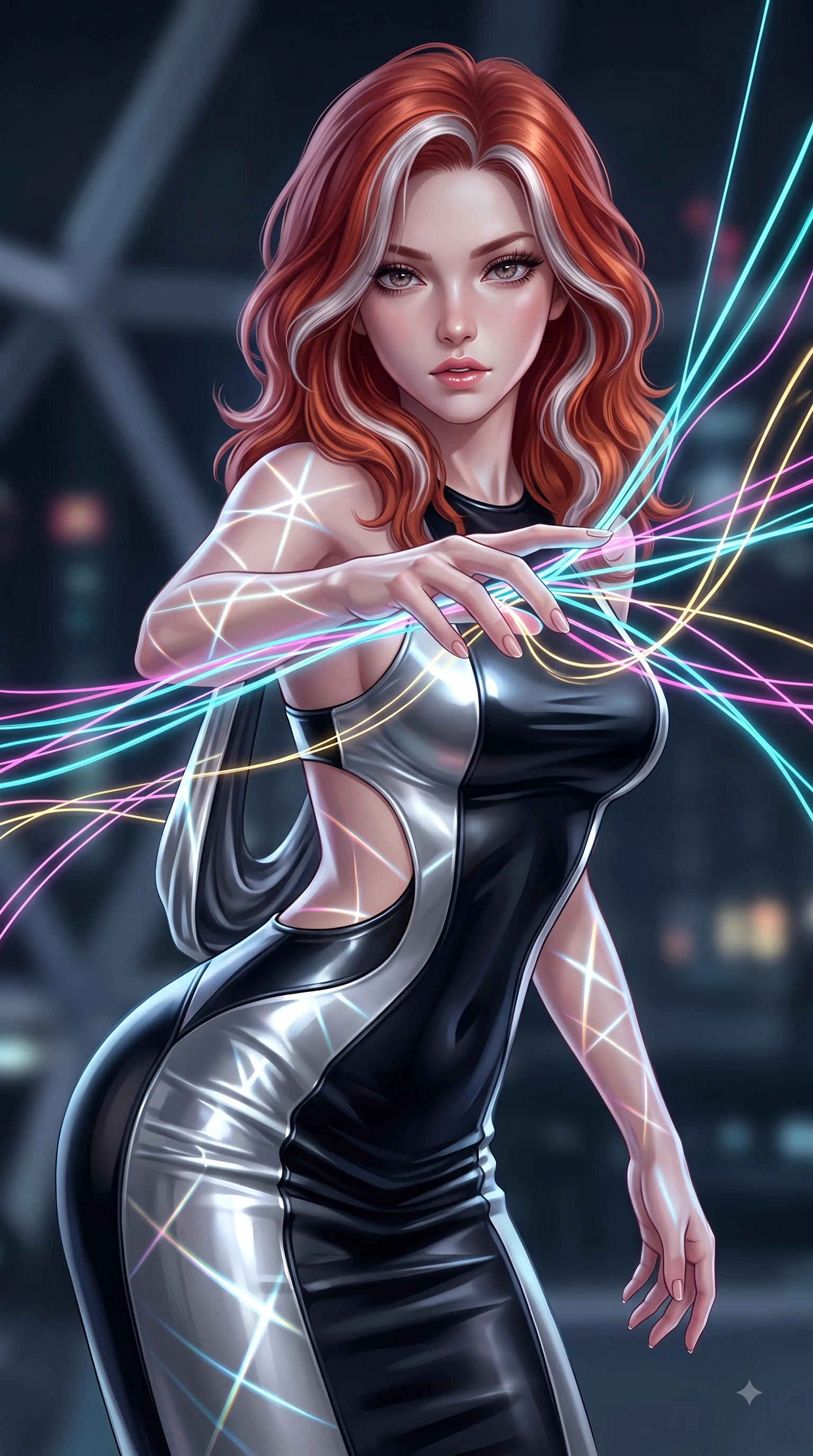 score_9, masterpiece, best quality, ultra-detailed, high-budget anime keyframe, editorial fashion photography, tasteful artistic composition, Caucasian woman. close-up cowboy shot from the waist and thighs up, the character dominates the composition, filling the frame with her large presence, background elements kept in soft focus. Leaning forward gracefully with lips parted, casting a smoldering magnetic gaze directly into the lens while reaching forward with an arm stretch to touch a cluster of luminescent filament threads, fluorescent cyan, magenta, and gold light threads crossing in 3D space. She has an exceptionally elegant, slender, and willowy female figure with an ultra-slim waist, a gracefully sculpted slender torso, and a refined silhouette. sharp v-shaped jawline, high-bridge nose, intricate jewel-like eyes with depth, thick eyelashes, glossy lips with a natural sheen, flawlessly proportioned anatomical accuracy, natural body alignment, perfectly sculpted elegant limbs, clean dynamic posture without body distortion. wearing a precision-fitted liquid jersey bodycon dress with a graceful draped back in matte black and polished silver, formed from sleek second-skin neoprene, featuring clean architectural cutouts along her slender torso, the form-contouring material highlighting her ultra-slim waist and long lines. bathed in sharp geometric laser grid highlights and soft ambient fill. ultra-reflective glossy finish, specular highlights, metallic sheen, high-contrast stereoscopic depth, volumetric dynamic lighting, 2k, ultra detail, master piece, 9:16 ratio
