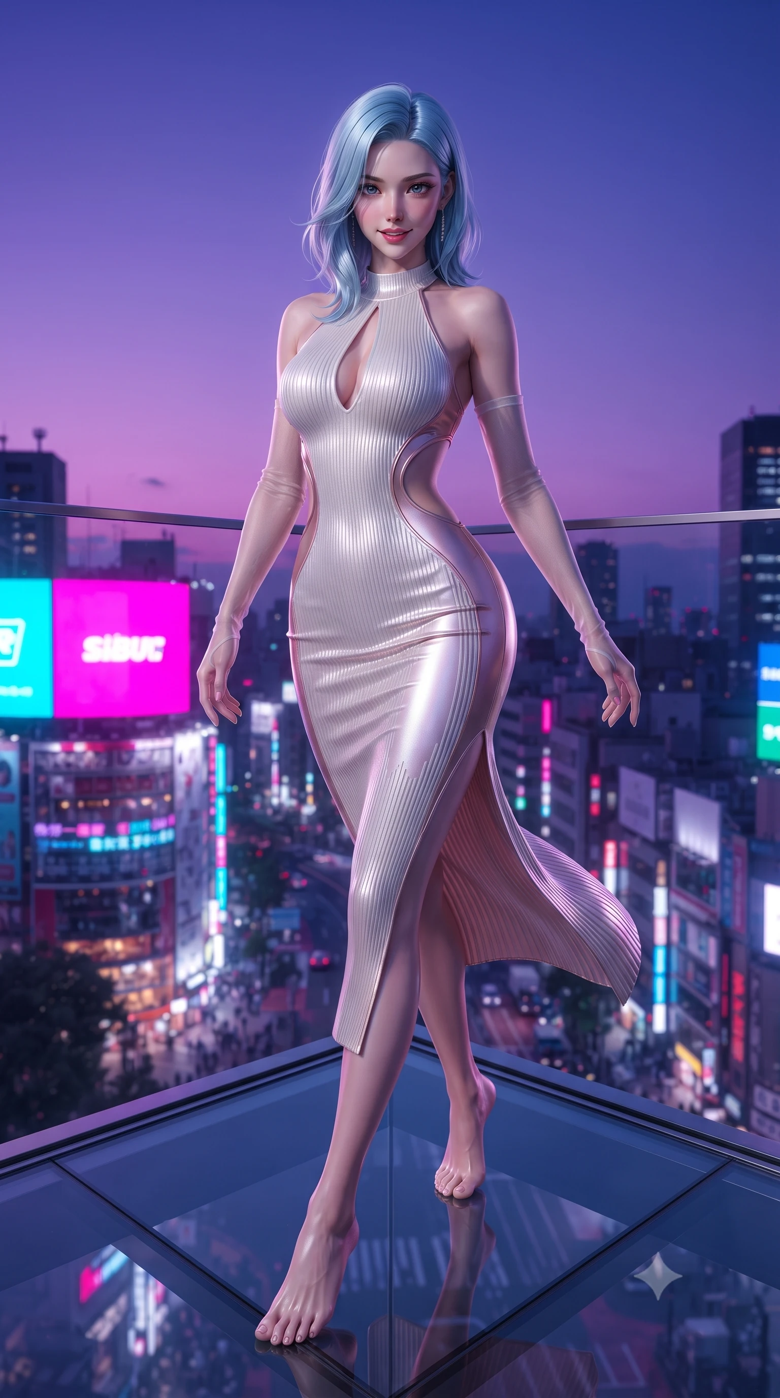 score_9, masterpiece, best quality, ultra-detailed, high-budget anime keyframe, editorial fashion photography, tasteful artistic composition, Korean woman. low angle full-body shot from head to toe showing her feet, filling the entire 9:16 vertical frame with her statuesque presence, stretching her vertical silhouette. stepping slowly toward the camera with hypnotic grace, hips swaying in an alluring sensual rhythm that accentuates her curvy hourglass silhouette and long slender legs while standing poised on the glass corner platform 230 meters above Shibuya, arching her spine with supermodel poise as twilight deepens. The surrounding environment is rendered in vivid detail and crisp panoramic clarity: detailed cheongsam-inspired mini dress weave, high-slit seam borders, and Tokyo megalopolis infrastructure in razor-sharp precision. She has an exceptionally tall and slender model-like 8.5-heads proportion, an ultra-slim waist, a flat toned midriff, narrow delicate ribcage, and beautifully sculpted feminine hips creating a graceful, slim hourglass silhouette without any bulky heaviness, with impossibly long slender legs. sharp v-shaped jawline, high-bridge nose, intricate jewel-like sparkling eyes with depth, thick eyelashes, glossy parted lips with a natural peach sheen, bright cheerful beaming smile with an enchanting and coquettish sensual glint, exuding both youthful cute charm and seductive allure, flawlessly proportioned anatomical accuracy, strict slender model proportions, natural body alignment, perfectly sculpted long slender limbs, ultra-slim waistline, clean dynamic posture without body distortion. wearing a form-contouring ribbed knit halter dress with side-torso hourglass cutouts and a tasteful chest slit in pure pearl alabaster and iridescent rose gold, crafted from high-tensile reflective patent leather with sleek specular highlights, complemented by sheer opera-length evening gloves tracing her slender arms, the liquid-tight tailored fabric clinging flawlessly to her narrow waist and rounded feminine hips, emphasizing every millimeter of her sculpted slim hourglass curves without any bulky heaviness. bathed in the breathtaking contrast of violet dusk sky and blinding saturated neon magenta and cyan billboard backlighting. ultra-reflective glossy finish, specular highlights, rich textural contrasts, high-contrast stereoscopic depth, volumetric dynamic lighting, 2k, ultra detail, master piece, 9:16 ratio