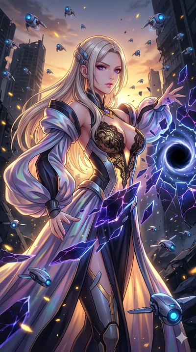 score_9, masterpiece, best quality, ultra-detailed, Set A: High-budget Anime Keyframe, Caucasian (human ears) woman. Upper body close-up from the thighs up, character filling the screen for maximum presence. Theme: Urban Decay. shattering the fabric 