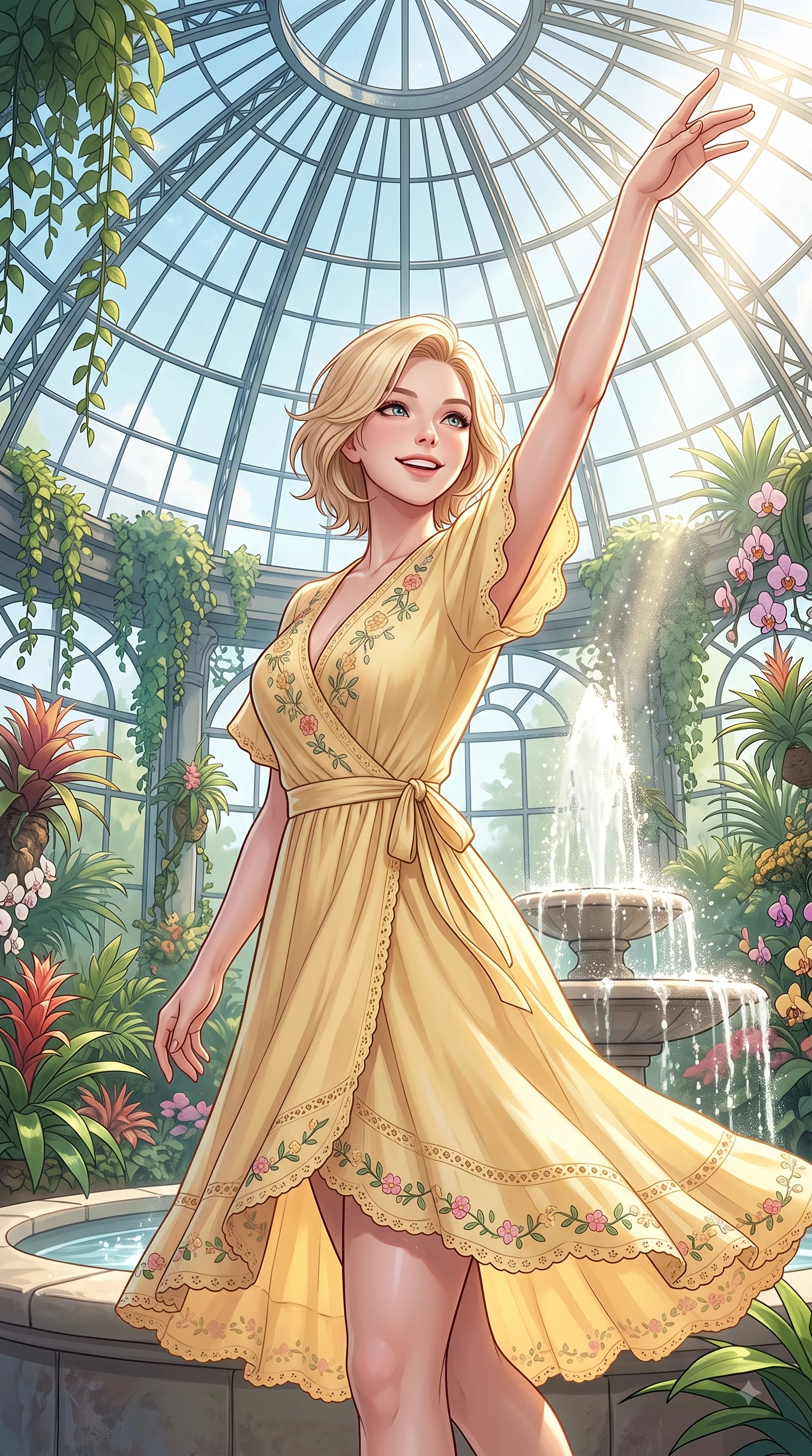 score_9, masterpiece, best quality, ultra-detailed, high-budget anime keyframe, editorial fashion photography, tasteful artistic composition, Caucasian woman. close-up cowboy shot from the waist and thighs up, the character dominates the composition, filling the frame with her large presence. Extending one arm in an elegant stretch toward the light while smiling with vibrant, youthful self-assurance while pivoting gracefully near a gentle stone fountain as mist particles catch brilliant morning sunbeams. The surrounding environment is rendered in vivid detail and crisp panoramic clarity. intricate glasshouse dome architecture, cascading tropical vines, and vibrant botanical garden displays in deep focus. She has an exceptionally elegant, slender, and willowy female figure with an ultra-slim waist, a gracefully sculpted slender torso, and a refined silhouette. sharp v-shaped jawline, high-bridge nose, intricate jewel-like eyes with depth, thick eyelashes, glossy lips with a natural sheen, flawlessly proportioned anatomical accuracy, natural body alignment, perfectly sculpted elegant limbs, clean dynamic posture without body distortion. wearing an elegant butter-yellow wrap midi dress with subtle floral embroidery and flutter sleeves in bright butter yellow and fresh cream white, woven with delicate eyelet lace and soft cotton, complemented by delicate embroidered floral trim along the hem, the soft airy drape swaying gracefully with her dynamic movements. surrounded by a peaceful, sun-drenched, and healing greenhouse atmosphere. highly saturated vibrant anime colors, detailed shading with soft gradients, rich glossy textures, high-contrast stereoscopic depth, volumetric dynamic lighting, master piece, 9:16 ratio