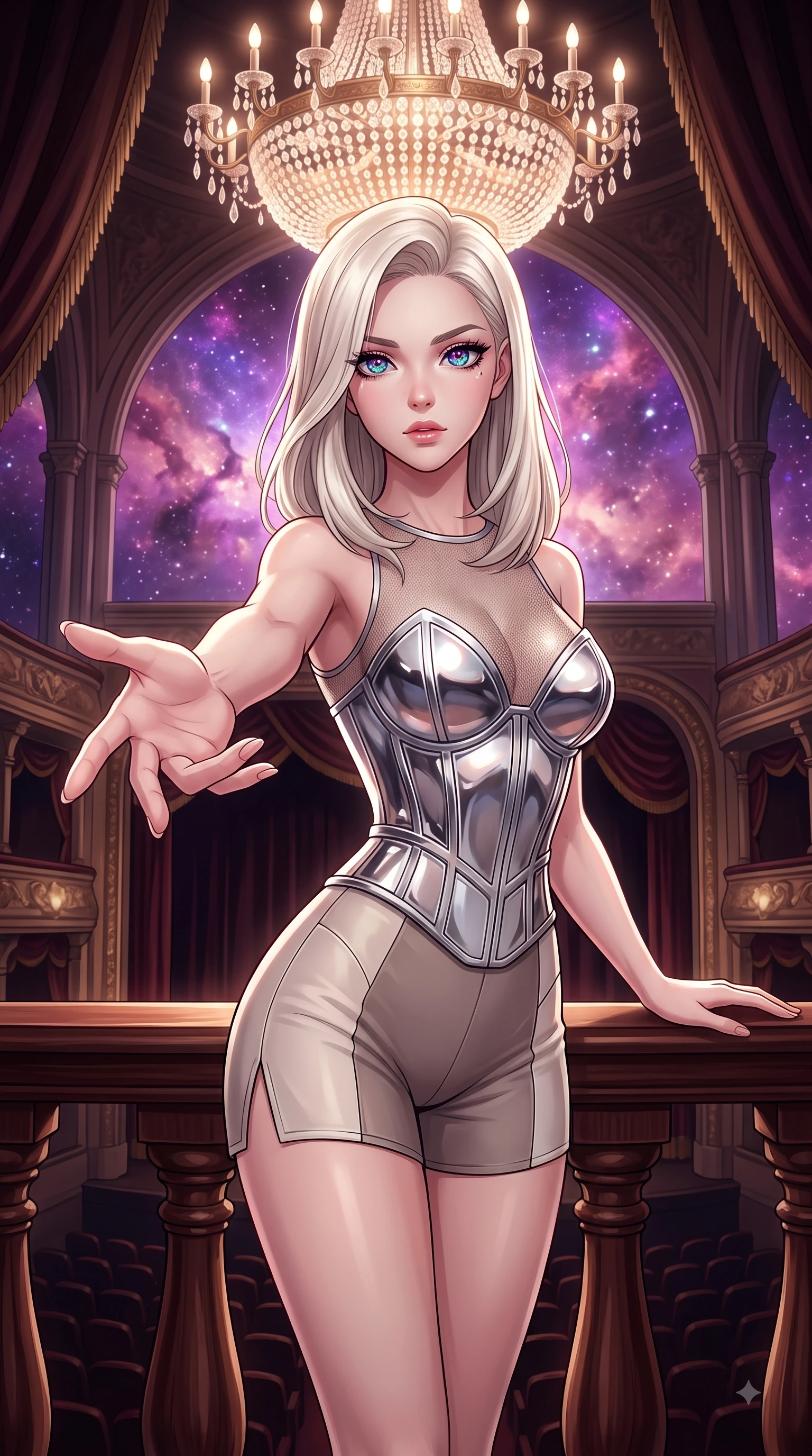 score_9, masterpiece, best quality, ultra-detailed, high-budget anime keyframe, editorial fashion photography, tasteful artistic composition, Caucasian woman. close-up cowboy shot from the waist and thighs up, the character dominates the composition, filling the frame with her large presence, background elements kept in soft focus. Reaching one arm gracefully toward the camera with magnetic poise, displaying her statuesque silhouette while leaning gracefully against a carved mahogany balustrade under a majestic chandelier glow, vivid purple and rose-gold nebula clouds glowing through monumental cathedral arches. She has an exceptionally elegant, slender, and willowy female figure with an ultra-slim waist, a gracefully sculpted slender torso, and a refined silhouette. sharp v-shaped jawline, high-bridge nose, intricate jewel-like eyes with depth, thick eyelashes, glossy lips with a natural sheen, flawlessly proportioned anatomical accuracy, natural body alignment, perfectly sculpted elegant limbs, clean dynamic posture without body distortion. wearing a chrome-plated structured bodice worn over a sheer mesh top and micro-shorts in muted taupe and soft ivory, formed from sleek second-skin neoprene, finished with a sleek side slit ascending to mid-thigh, the form-contouring material highlighting her ultra-slim waist and long lines. surrounded by an opulent, dramatic opera box atmosphere with deep chiaroscuro. highly saturated vibrant anime colors, detailed shading with soft gradients, rich glossy textures, high-contrast stereoscopic depth, volumetric dynamic lighting, master piece, 9:16 ratio