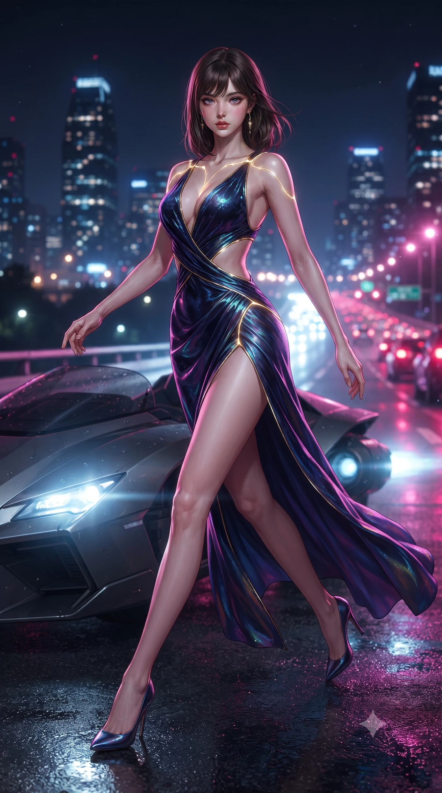 score_9, masterpiece, best quality, ultra-detailed, high-budget anime keyframe, editorial fashion photography, tasteful artistic composition, Korean woman. low angle full-body shot from head to toe showing her feet, filling the entire 9:16 vertical frame with her statuesque presence, stretching her vertical silhouette. performing an alluring mid-air vault with flawless poise, looking directly into the camera with smoldering intensity while stepping gracefully from a futuristic speeder onto wet asphalt with city skyline reflections below. The composition keeps background elements in soft focus with creamy bokeh. twinkling city skyscraper lights and streaming highway tail-lights blurred into dazzling magenta and blue bokeh. She has an absolutely perfect, statuesque 8.5-heads proportion, an exceptionally tall and slender model-like female figure with impossibly long slender legs and an ultra-slim waist. sharp v-shaped jawline, high-bridge nose, intricate jewel-like eyes with depth, thick eyelashes, glossy lips with a natural sheen, flawlessly proportioned anatomical accuracy, natural body alignment, perfectly sculpted elegant limbs, clean dynamic posture without body distortion. wearing a backless crushed velvet gown with a deep V-neckline, strategic hip cutouts, and an ultra-high thigh slit in midnight sapphire blue and glowing gold filaments, made of smooth iridescent silk chiffon that shifts colors with movement, accented with glowing fiber-optic seams tracing her collarbones and hip curves, the daring cutouts accentuating her delicate midriff, graceful collarbones, and feminine contour. bathed in intense white automotive headlight beams and vibrant neon pink city reflections. ultra-reflective glossy finish, specular highlights, metallic sheen, high-contrast stereoscopic depth, volumetric dynamic lighting, 2k, ultra detail, master piece, 9:16 ratio