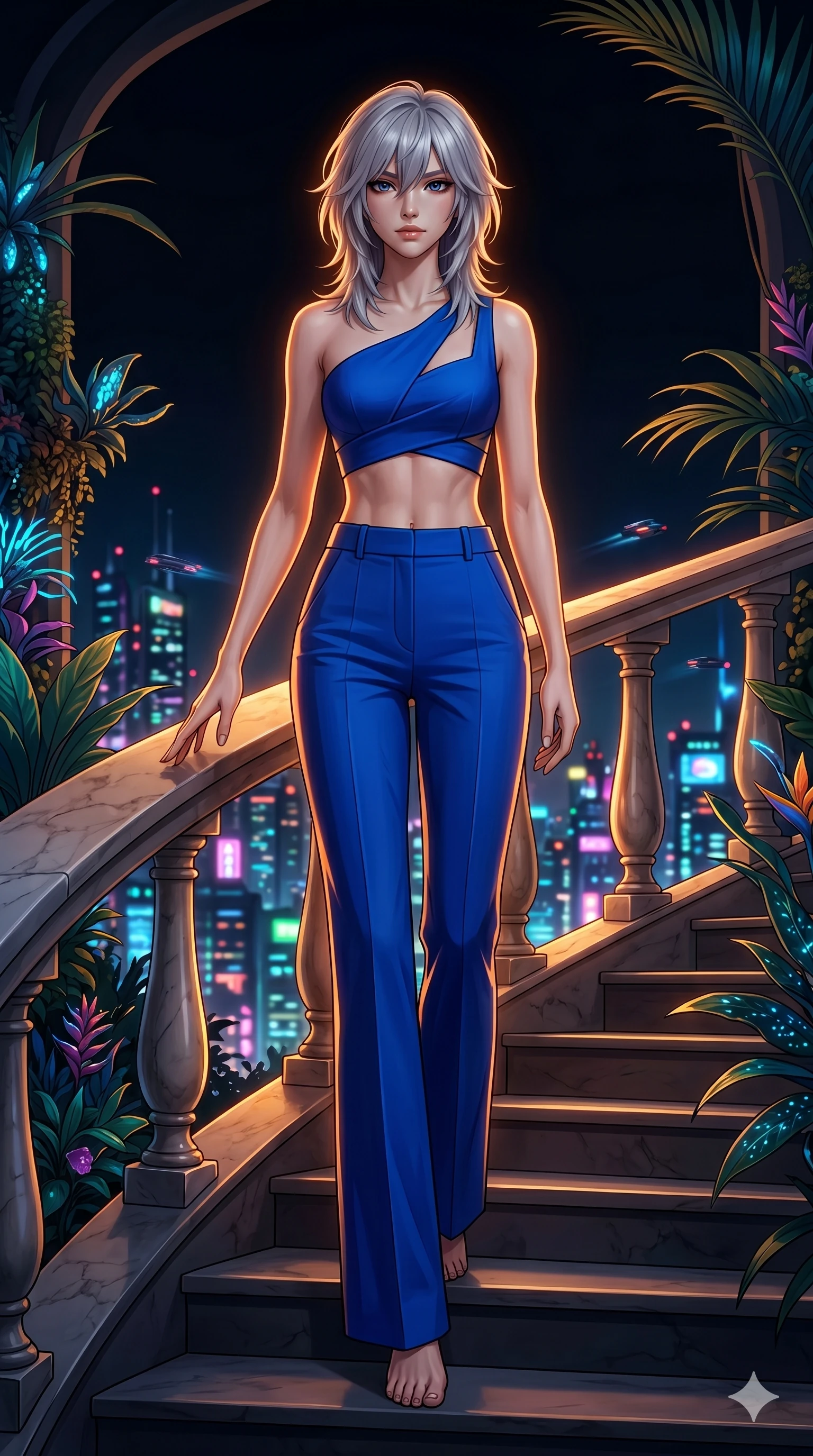 score_9, masterpiece, best quality, ultra-detailed, high-budget anime keyframe, editorial fashion photography, tasteful artistic composition, Japanese woman. low angle full-body shot from head to toe showing her feet, filling the entire 9:16 vertical frame with her statuesque presence, stretching her vertical silhouette. Descending like royalty with one hand trailing behind her at the edge of a futuristic rooftop garden overlooking a neon-drenched megalopolis at night. She has an absolutely perfect 8-heads proportion, an exceptionally tall and slender female figure with impossibly long slender legs and an ultra-slim waist. V-shaped jawline, high-bridge nose, intricate jewel-like eyes with depth, thick eyelashes, glossy lips with a natural sheen. wearing an asymmetric one-shoulder sculptural crop top in electric blue with a bold architectural neckline and a bare midriff, paired with sharp high-waist tailored wide-leg trousers in matching cobalt. drenched in warm amber cinematic rim lighting that traces every contour of her silhouette against a dark background. 2k, ultra detail, master piece, 9:16 ratio