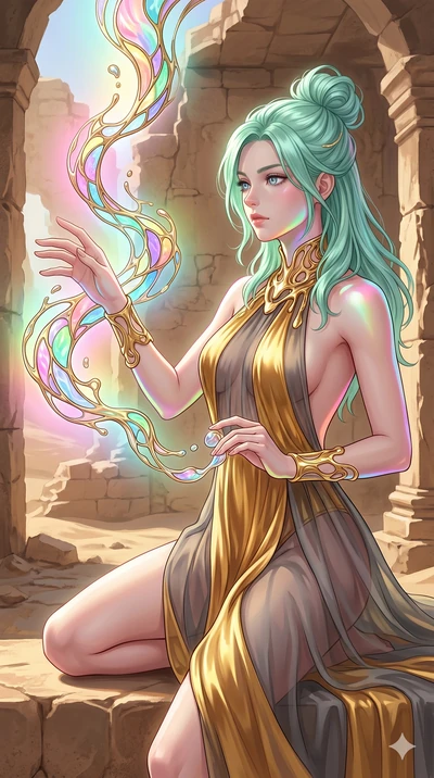 score_9, masterpiece, best quality, ultra-detailed, high-budget anime keyframe, Japanese woman. upper body close-up from the thighs up, character filling the screen for maximum presence. interacting with liquid stained-glass that melts and swirls in 