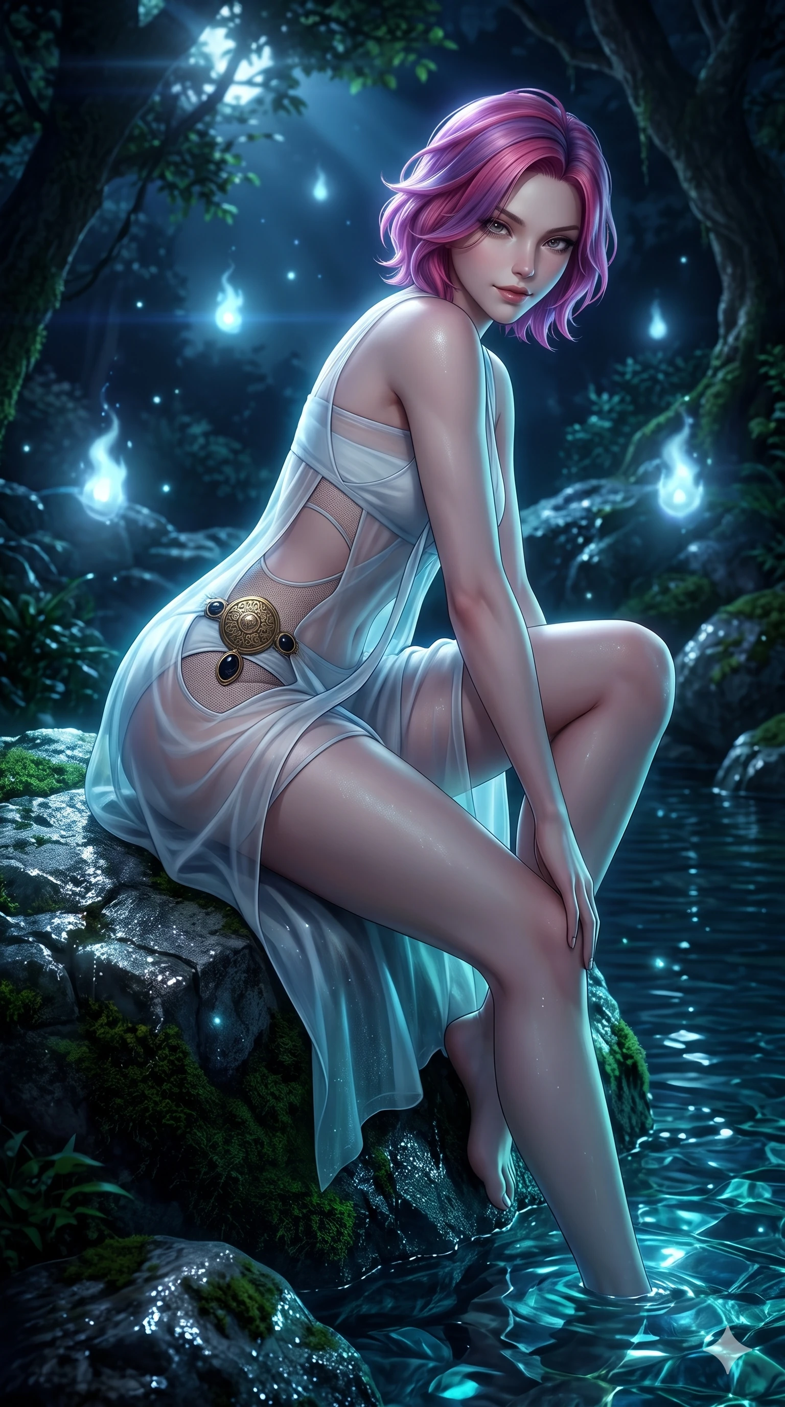 score_9, masterpiece, best quality, ultra-detailed, high-budget anime keyframe, semi-realistic 3D game render, editorial fashion photography, tasteful artistic composition, Caucasian woman. close-up cowboy shot from the waist and thighs up, the character dominates the composition, filling the frame with her large presence. leaning forward while arching her lower back to accentuate her curvy hips, looking into the camera with an intoxicating smoldering gaze and bedroom-eyes while perched sideways on the mossy boulder at the water's edge, one knee drawn up to showcase her slender leg line while her arched back accentuates her curves. The surrounding environment is rendered in vivid detail and crisp panoramic clarity: sharp wet stone textures, crystal water surface refraction, and soft velvet moss fronds in deep focus. She has an exceptionally elegant, slender, and willowy female figure with an ultra-slim waist, flat toned midriff, narrow ribcage, and sculpted feminine hips creating an alluring, slim hourglass silhouette without bulk. sharp v-shaped jawline, high-bridge nose, sparkling eyes with hypnotic seductive depth, thick curled eyelashes, glossy parted lips with a natural dewy peach sheen, alluring bedroom-eyes with an enchanting coquettish smile, exuding magnetic siren charisma and sophisticated glamour, flawlessly proportioned anatomical accuracy, strict slender model proportions, natural body alignment, perfectly sculpted long slender limbs, ultra-slim waistline, clean dynamic posture without body distortion. wearing a delicately layered semi-sheer gossamer nobang hanbok slip dress revealing her sculpted silhouette over an opaque micro-bandeau and briefs in celestial pearl white and moonlight platinum, featuring strategic sheer-illusion micro-mesh cutouts along her ribcage and hip flanks, accented with an authentic engraved gold medallion and obsidian cabochons, the form-contouring silhouette accentuating her sculpted flat midriff, narrow delicate ribcage, and gracefully curvy hips with intoxicating allure. surrounded by a mysterious dark spiritual aura with pale blue floating spirit fires and cool moonlight. highly saturated vibrant anime colors, detailed shading with soft gradients, rich glossy textures, high-contrast stereoscopic depth, volumetric dynamic lighting, master piece, 9:16 ratio
