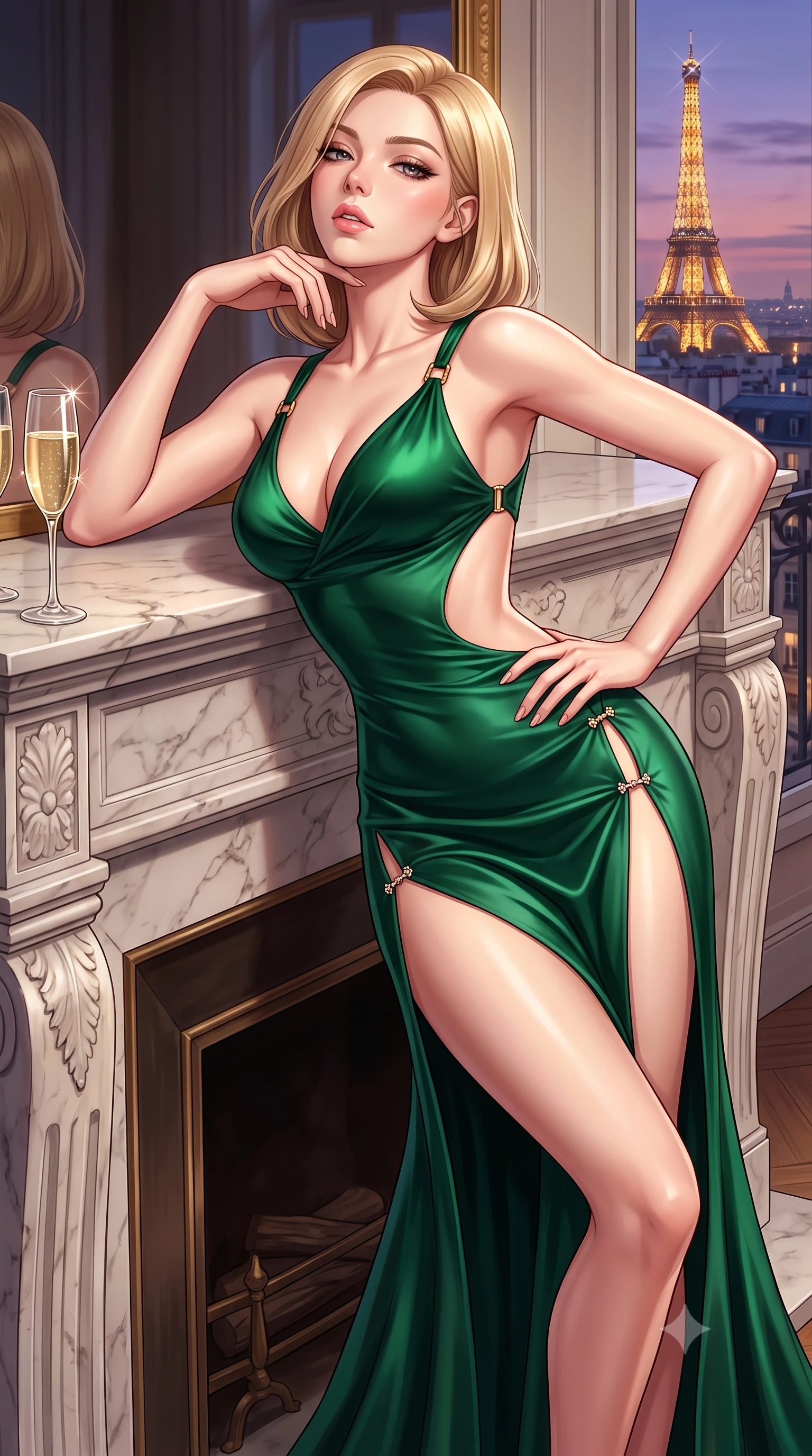 score_9, masterpiece, best quality, ultra-detailed, high-budget anime keyframe, semi-realistic 3D game render, editorial fashion photography, tasteful artistic composition, Korean woman. close-up cowboy shot from the waist and thighs up, the character dominates the composition, filling the frame with her large presence. tilting her chin up with proud, sovereign allure while gazing through thick eyelashes, one hand resting on her waist in pure supermodel charisma while reclining across a marble fireplace hearth propped on one elbow, her long slender legs and narrow waist bathed in the romantic Paris twilight. The surrounding environment is rendered in vivid detail and crisp panoramic clarity. detailed couture silk gown drape, champagne glass sparkle, and Parisian skyline clarity in high resolution. She has an exceptionally elegant, slender, and willowy female figure with an ultra-slim waist, flat toned midriff, narrow ribcage, and sculpted feminine hips creating an alluring, slim hourglass silhouette without bulk. sharp v-shaped jawline, high-bridge nose, intricate jewel-like eyes with depth, thick eyelashes, glossy parted lips with a natural sheen, intensely captivating and seductive bedroom-eyes expression, flawlessly proportioned anatomical accuracy, strict slender model proportions, natural body alignment, perfectly sculpted long slender limbs, ultra-slim waistline, clean dynamic posture without body distortion. wearing a sculptured liquid-satin mermaid gown with an architectural open-waist cutout and bare spine in deep emerald green satin and gold hardware, made of fluid silk crepe with delicate inner corsetry boning, finished with an ultra-high side slit secured by miniature jeweled clasps, the second-skin form-contouring cut accentuating her sculpted flat midriff, narrow delicate ribcage, and gracefully curvy hips with supermodel precision. illuminated by sparkling Eiffel Tower light glints defining her razor-sharp jawline, narrow waist, and curvy hips. highly saturated vibrant anime colors, detailed shading with soft gradients, rich glossy textures, high-contrast stereoscopic depth, volumetric dynamic lighting, master piece, 9:16 ratio