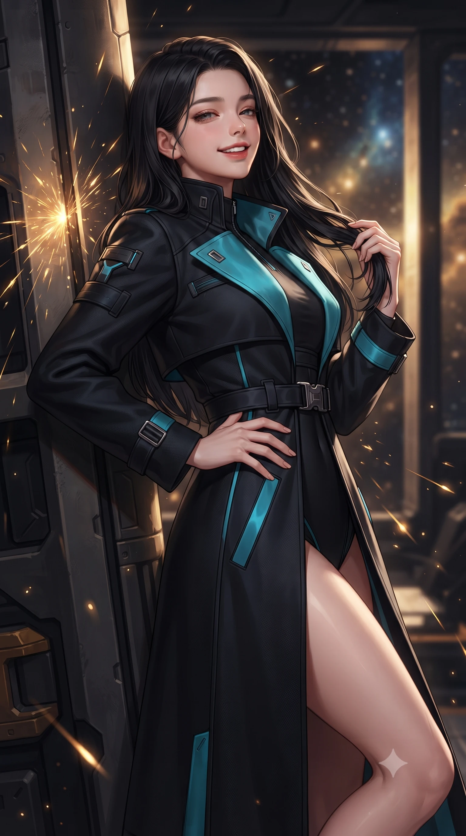 score_9, masterpiece, best quality, ultra-detailed, high-budget anime keyframe, editorial fashion photography, tasteful artistic composition, Korean woman. close-up cowboy shot from the waist and thighs up, the character dominates the composition, filling the frame with her large presence. twisting her slender torso in an alluring contrapposto stance, one hand resting on her sculpted hip while her fingers toy with her hair with effortless poise while leaning against the magnetic stabilization pylon with hips cocked back, watching floating composite armor slabs maneuver into position with heavy-lidded bedroom-eyes. The background shows a soft-focus cascades of golden welding sparks bouncing off dark starship armor, floating zero-g tools, and open hangar doors revealing distant star nebulae blurred into gold, copper, and sapphire bokeh. She has an exceptionally elegant, slender, and willowy female figure with an ultra-slim waist, flat toned midriff, narrow ribcage, and sculpted feminine hips creating an alluring, slim hourglass silhouette without bulk. sharp v-shaped jawline, high-bridge nose, intricate jewel-like sparkling eyes with depth, thick eyelashes, glossy parted lips with a natural peach sheen, bright cheerful beaming smile with an enchanting and coquettish sensual glint, exuding both youthful cute charm and seductive allure, flawlessly proportioned anatomical accuracy, strict slender model proportions, natural body alignment, perfectly sculpted long slender limbs, ultra-slim waistline, clean dynamic posture without body distortion. wearing a bespoke tactical commander trench coat in matte carbon-weave with magnetic utility buckles, storm flaps, and high standing collar in tactical obsidian black and high-voltage cyan, crafted from bespoke double-faced cashmere with an exceptionally soft tactile finish, finished with sleek magnetic buckle closures fluttering in the breeze, the bespoke structured tailoring following the natural line of her 8.5-heads silhouette with refined elegance. bathed in high-contrast golden welding arcs contrasted with deep obsidian shadow gradients and starlight. ultra-reflective glossy finish, specular highlights, rich textural contrasts, high-contrast stereoscopic depth, volumetric dynamic lighting, 2k, ultra detail, master piece, 9:16 ratio
