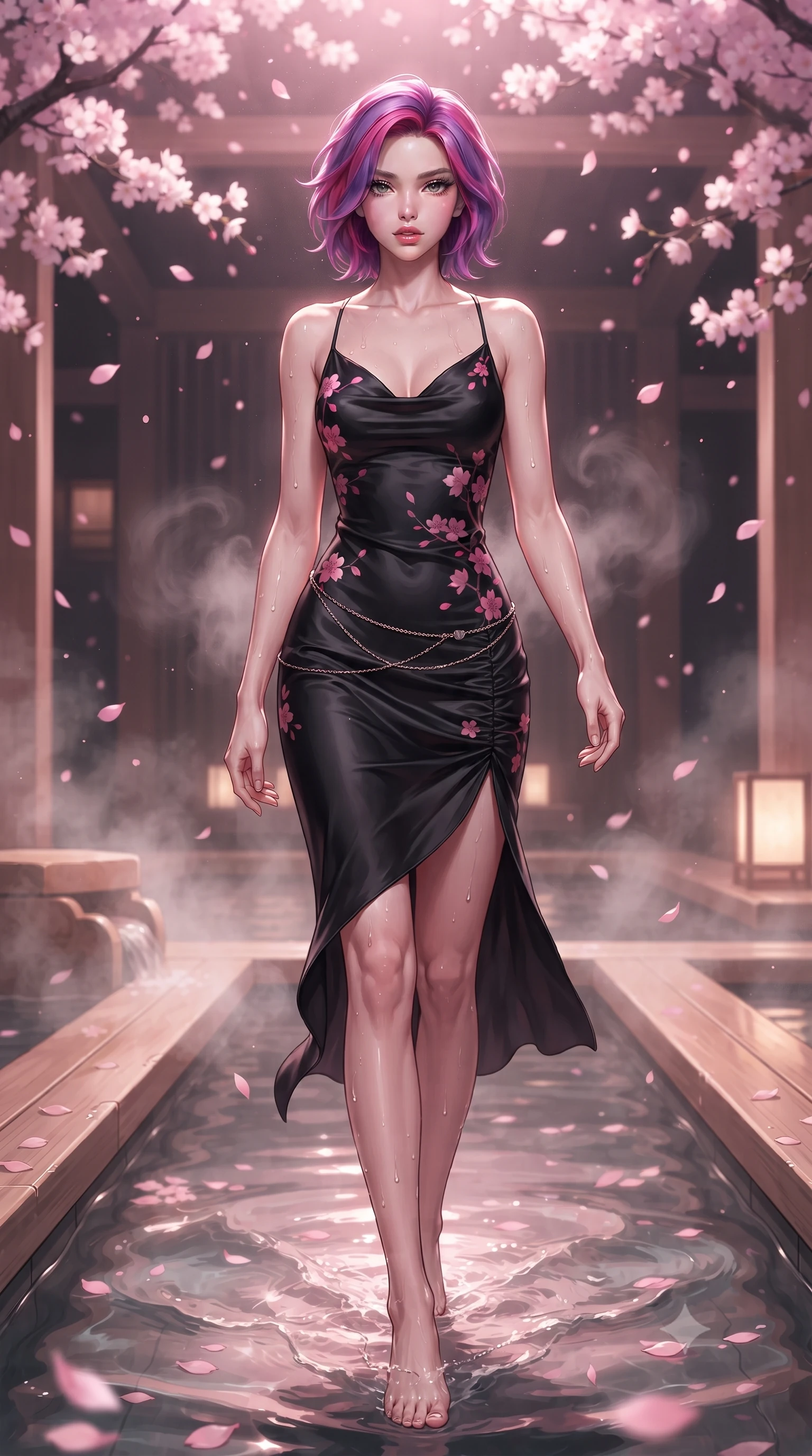 score_9, masterpiece, best quality, ultra-detailed, high-budget anime keyframe, editorial fashion photography, tasteful artistic composition, Caucasian woman. low angle full-body shot from head to toe showing her feet, filling the entire 9:16 vertical frame with her statuesque presence, stretching her vertical silhouette. striding forward in a proud supermodel runway stride, hips swaying in an alluring kinetic rhythm that accentuates her curvy hourglass silhouette while wading through the thermal mineral pool beneath falling pink sakura petals, arching her spine in pure pleasure as steam curls around her waist. The surrounding environment is rendered in vivid detail and crisp panoramic clarity. sharp wet hinoki wood grain, distinct water droplet tracks on skin, and delicate cherry blossom petals in deep focus. She has an absolutely perfect, statuesque 8.5-heads proportion, an exceptionally tall and slender model-like female figure with impossibly long slender legs, a toned flat midriff, an ultra-slim waist, and beautifully sculpted feminine hips. sharp v-shaped jawline, high-bridge nose, intricate jewel-like eyes with depth, thick eyelashes, glossy parted lips with a natural sheen, intensely captivating and seductive bedroom-eyes expression, flawlessly proportioned anatomical accuracy, strict slender model proportions, natural body alignment, perfectly sculpted long slender limbs, ultra-slim waistline, clean dynamic posture without body distortion. wearing a form-contouring liquid satin slip dress with a deep cowl back and hip-defining ruching in pitch black silk with neon cherry blossom accents, crafted from traditional Korean gossamer silk organza with pearlescent luster, complemented by a delicate metallic hip chain catching the pool caustics, the glove-like aerodynamic silhouette tightly following the natural contour of her hips and long slender legs with statuesque precision. bathed in soft pink cherry blossom ambient glow and warm underwater mineral pool lights. ultra-reflective glossy finish, specular highlights, rich textural contrasts, high-contrast stereoscopic depth, volumetric dynamic lighting, 2k, ultra detail, master piece, 9:16 ratio