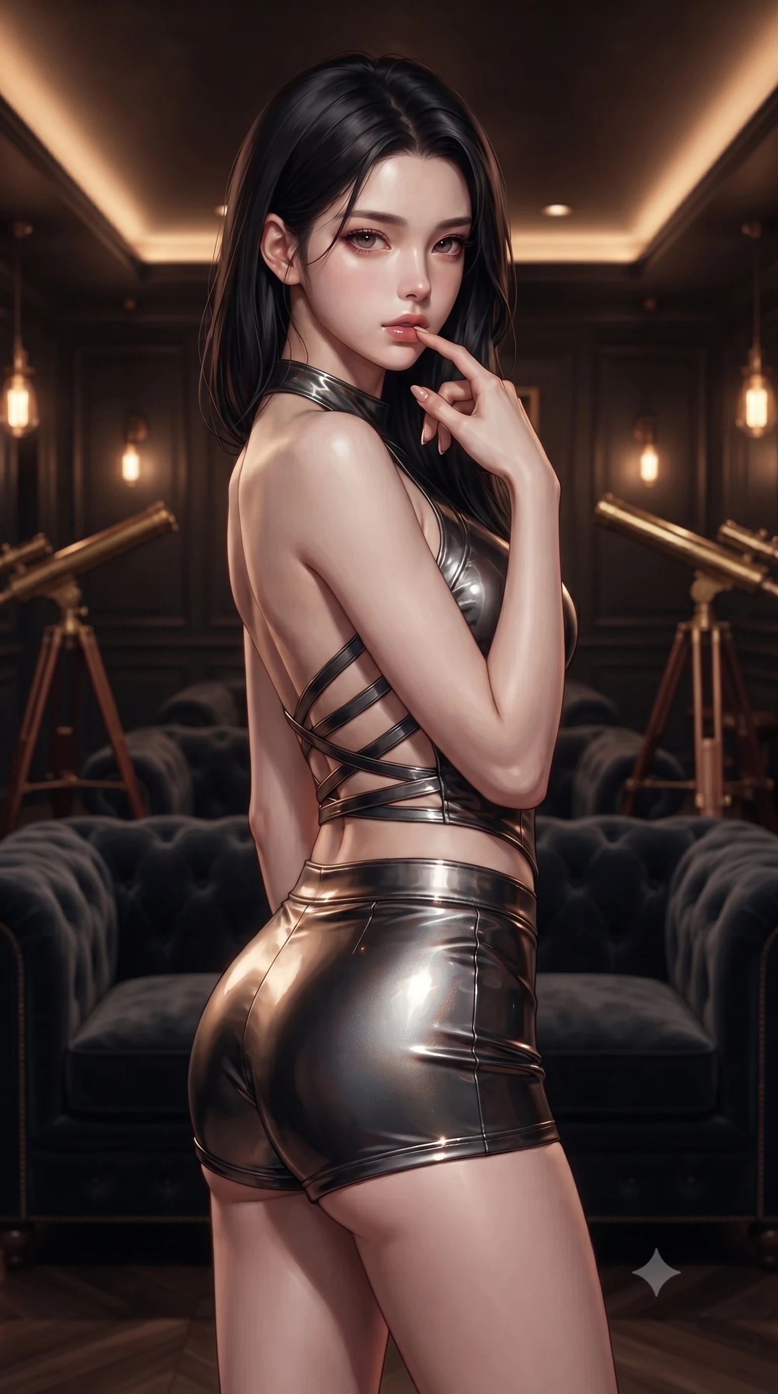 score_9, masterpiece, best quality, ultra-detailed, high-budget anime keyframe, editorial fashion photography, tasteful artistic composition, Korean woman. close-up cowboy shot from the waist and thighs up, the character dominates the composition, filling the frame with her large presence, background elements kept in soft focus. pressing one finger to her bottom lip in a thoughtful, composed gesture, locking eyes with the viewer, the background shows a soft-focus a theater foyer lounge with dark velvet sofas and antique telescopes. She has an exceptionally elegant, slender, and willowy female figure with an ultra-slim waist, a gracefully sculpted slender torso, and a refined silhouette. sharp v-shaped jawline, high-bridge nose, intricate jewel-like eyes with depth, thick eyelashes, glossy lips with a natural sheen. wearing a tailored backless halter-neck combat top with criss-cross strapping, paired with carbon-alloy micro-shorts. low-contrast warm ambient glow creating a mysterious, cozy mood inside. ultra-reflective glossy finish, specular highlights, metallic sheen, high-contrast stereoscopic depth, volumetric dynamic lighting, 2k, ultra detail, master piece, 9:16 ratio
