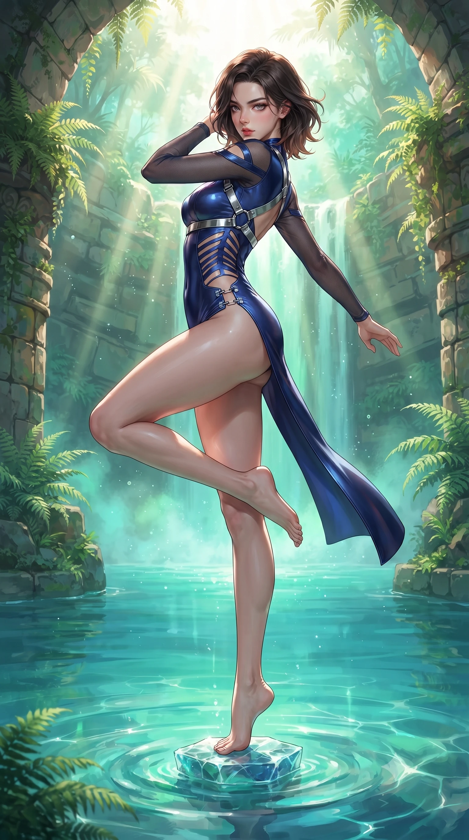 score_9, masterpiece, best quality, ultra-detailed, high-budget anime keyframe, editorial fashion photography, tasteful artistic composition, Korean woman. low angle full-body shot from head to toe showing her feet, filling the entire 9:16 vertical frame with her statuesque presence, stretching her vertical silhouette. performing an alluring mid-air vault with flawless poise, looking directly into the camera with smoldering intensity while pivoting dynamically on a submerged crystal stepping stone as sunbeams penetrate the turquoise pool. The surrounding environment is rendered in vivid detail and crisp panoramic clarity. vibrant natural colors and deep environmental chiaroscuro captured with precision. She has an absolutely perfect, statuesque 8.5-heads proportion, an exceptionally tall and slender model-like female figure with impossibly long slender legs, a toned flat midriff, and an ultra-slim waist. sharp v-shaped jawline, high-bridge nose, intricate jewel-like eyes with depth, thick eyelashes, glossy lips with a natural sheen, flawlessly proportioned anatomical accuracy, strict slender model proportions, natural body alignment, perfectly sculpted long slender limbs, ultra-slim waistline, clean dynamic posture without body distortion. wearing an ultra-sleek high-cut tech-bodysuit featuring dangerous diagonal slitted cutouts on the midriff and shoulders, reinforced by a metallic silver harness and sheer mesh sleeves in deep royal navy blue and specular chrome, made of liquid metal jersey that clings flawlessly to every contour of her build, finished with an ultra-high side slit secured by miniature magnetic clasps, the liquid-tight tailored fabric emphasizing every curve of her tall, slender model proportions and sculptured silhouette during dynamic movement. bathed in bright morning sunbeams penetrating waterfall mist with radiant green and cyan ambient glow. ultra-reflective glossy finish, specular highlights, metallic sheen, high-contrast stereoscopic depth, volumetric dynamic lighting, 2k, ultra detail, master piece, 9:16 ratio