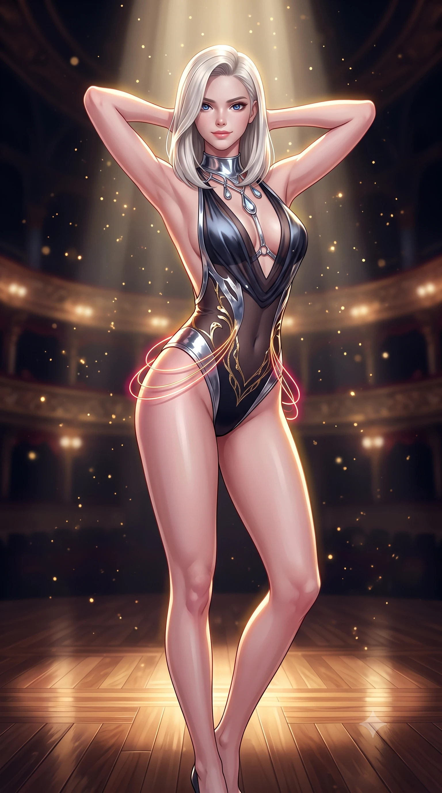 score_9, masterpiece, best quality, ultra-detailed, high-budget anime keyframe, semi-realistic 3D game render, editorial fashion photography, tasteful artistic composition, Caucasian woman. close-up cowboy shot from the waist and thighs up, the character dominates the composition, filling the frame with her large presence. resting both hands lightly behind her neck with elbows raised, arching her spine to highlight her narrow waist, flat midriff, and breathtaking collarbones while twisting her slender torso in an alluring contrapposto stance, fiber-optic gold filigree and crimson velvet light wrapping around her narrow waist and curvy hips. The background shows a soft-focus golden dust particles shimmering in spotlight beams softened in grand cyber-baroque opera house shallow focus. She has an exceptionally elegant, slender, and willowy female figure with an ultra-slim waist, flat toned midriff, narrow ribcage, and sculpted feminine hips creating an alluring, slim hourglass silhouette without bulk. sharp v-shaped jawline, high-bridge nose, intricate jewel-like sparkling eyes with depth, thick eyelashes, glossy parted lips with a natural peach sheen, bright cheerful beaming smile with an enchanting and coquettish sensual glint, exuding both youthful cute charm and seductive allure, flawlessly proportioned anatomical accuracy, strict slender model proportions, natural body alignment, perfectly sculpted long slender limbs, ultra-slim waistline, clean dynamic posture without body distortion. wearing a provocative sheer-illusion cyber-mesh bodysuit with strategic metallic foil flocking and high-cut leg openings in liquid mercury chrome and deep midnight obsidian, made of sheer gossamer chiffon that drapes softly against skin with airy translucence, accented with a chrome-drop body harness subtly framing her dewy collarbones and spine, the precision-cut side openings and low-back scoop framing her graceful spine and the sensual sweep of her slim, toned hips. illuminated by polished parquet reflection bounce and sharp gold-plasma rim lights sculpting her jawline, narrow waist, and curvy hips. highly saturated vibrant anime colors, detailed shading with soft gradients, rich glossy textures, high-contrast stereoscopic depth, volumetric dynamic lighting, master piece, 9:16 ratio