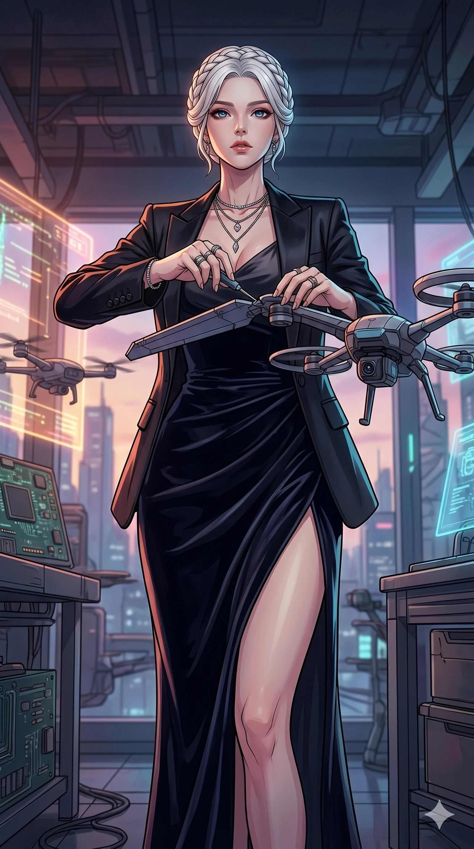 score_9, masterpiece, best quality, ultra-detailed, high-budget anime movie keyframe, cinematic anime lighting, intricate line art, Korean woman. Low angle cowboy shot capturing a powerful motion and statuesque presence. reparing a drone's wings as it hovers in front of her. She has an absolutely perfect 8-heads proportion, an exceptionally tall and slender female figure with an ultra-slim waist and impossibly long slender legs. strictly human anatomy, two legs only, no extra limbs, clearly defined legs and arms, perfect anatomy, perfect hands and fingers. sharp v-shaped jawline, high-bridge nose, intricate jewel-like eyes, thick eyelashes, glossy lips. Wearing High-Fashion Editorial: Silk slip dress with high side slit, backless velvet gown, and structured blazer with nothing underneath. The scene is illuminated by dramatic atmospheric lighting and vibrant color palettes. , 2k, ultra detail, master piece, 9:16 ratio