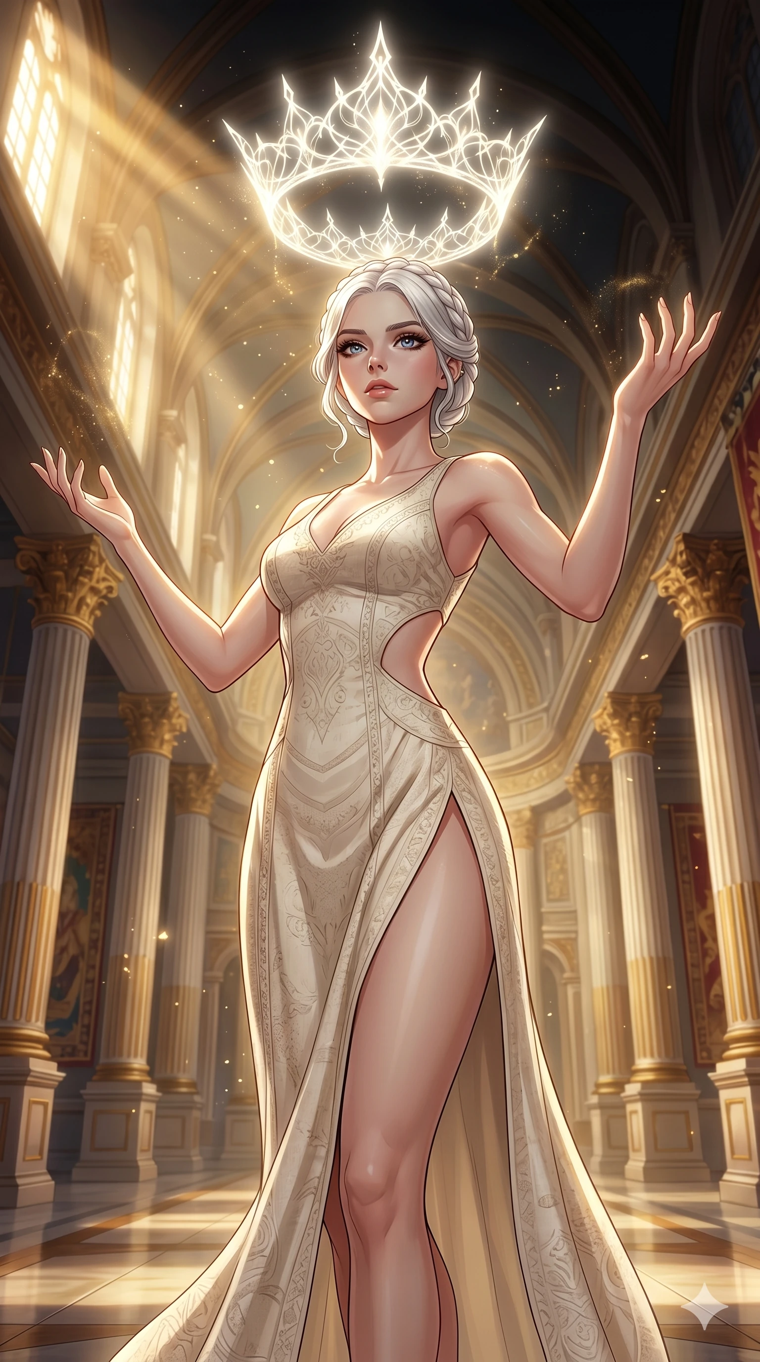 score_9, masterpiece, best quality, ultra-detailed, High-budget Anime Keyframe, beautiful Caucasian anime girl (strictly human ears). Low angle cowboy shot filling the entire 9:16 frame with her statuesque presence. Summoning a crown of light that shines above her head in a darkened grand hall with golden dust. She has an absolutely perfect 8-heads proportion, an exceptionally tall and slender female figure with impossibly long slender legs and an ultra-slim waist. Sharp v-shaped jawline, high-bridge nose, intricate jewel-like eyes with depth, thick eyelashes, glossy lips with a natural sheen. Wearing a Seasonal/Resort outfit: cream linen sundress with side cut-outs and a high side slit. Background is a bright and colorful grand interior with golden light rays and floating dust particles. 2k, ultra detail, master piece, 9:16 ratio