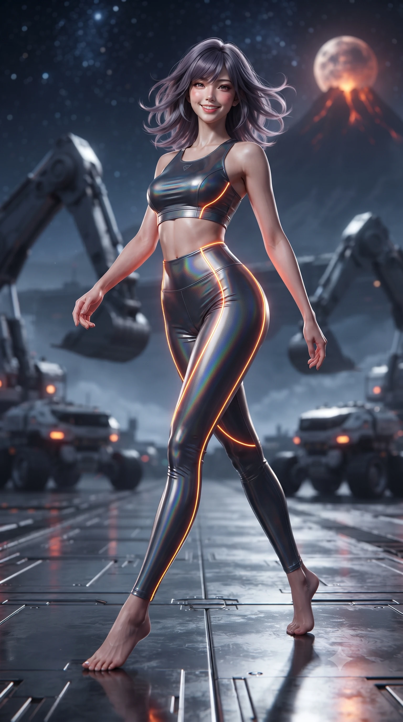 score_9, masterpiece, best quality, ultra-detailed, high-budget anime keyframe, editorial fashion photography, tasteful artistic composition, Japanese woman. low angle full-body shot from head to toe showing her feet, filling the entire 9:16 vertical frame with her statuesque presence, stretching her vertical silhouette. striding forward gracefully across the reflective metal deck in mid-motion with a radiant beaming smile, hips swaying in an alluring kinetic rhythm that accentuates her curvy hourglass silhouette and long slender legs while twisting her slender torso in an alluring S-curve, cosmic starlight and volcanic moon glows highlighting her narrow waist and curvy hips. The background shows a soft-focus towering robotic excavator arms and automated transport rovers softened in off-world mining shallow focus. She has an absolutely perfect, statuesque 8.5-heads proportion, an exceptionally tall and slender model-like female figure with impossibly long slender legs, an ultra-slim waist, a flat toned midriff, narrow delicate ribcage, and beautifully sculpted feminine hips creating a graceful, slim hourglass silhouette without any bulky heaviness. sharp v-shaped jawline, high-bridge nose, intricate jewel-like sparkling eyes with depth, thick eyelashes, glossy parted lips with a natural sheen, bright confident smile with an enchanting and coquettish sensual glint, exuding both youthful magnetic charm and sovereign high-tech allure, flawlessly proportioned anatomical accuracy, strict slender model proportions, natural body alignment, perfectly sculpted long slender limbs, ultra-slim waistline, clean dynamic posture without body distortion. wearing a tactical racerback athletic crop top paired with skin-tight high-waisted holographic combat leggings in stealth charcoal slate and molten laser orange, woven from layered gossamer holographic organza casting chromatic prism reflections, accented with glowing neon fiber-optic piping tracing her spine and hip lines, the liquid-tight tailored fabric clinging flawlessly to her narrow waist and rounded feminine hips, emphasizing every millimeter of her sculpted slim hourglass curves without any bulky heaviness. illuminated by ground reflections and sharp platinum rim lights defining her slim torso, narrow waist, and curvy hips. ultra-reflective glossy finish, specular highlights, rich textural contrasts, high-contrast stereoscopic depth, volumetric dynamic lighting, 2k, ultra detail, master piece, 9:16 ratio