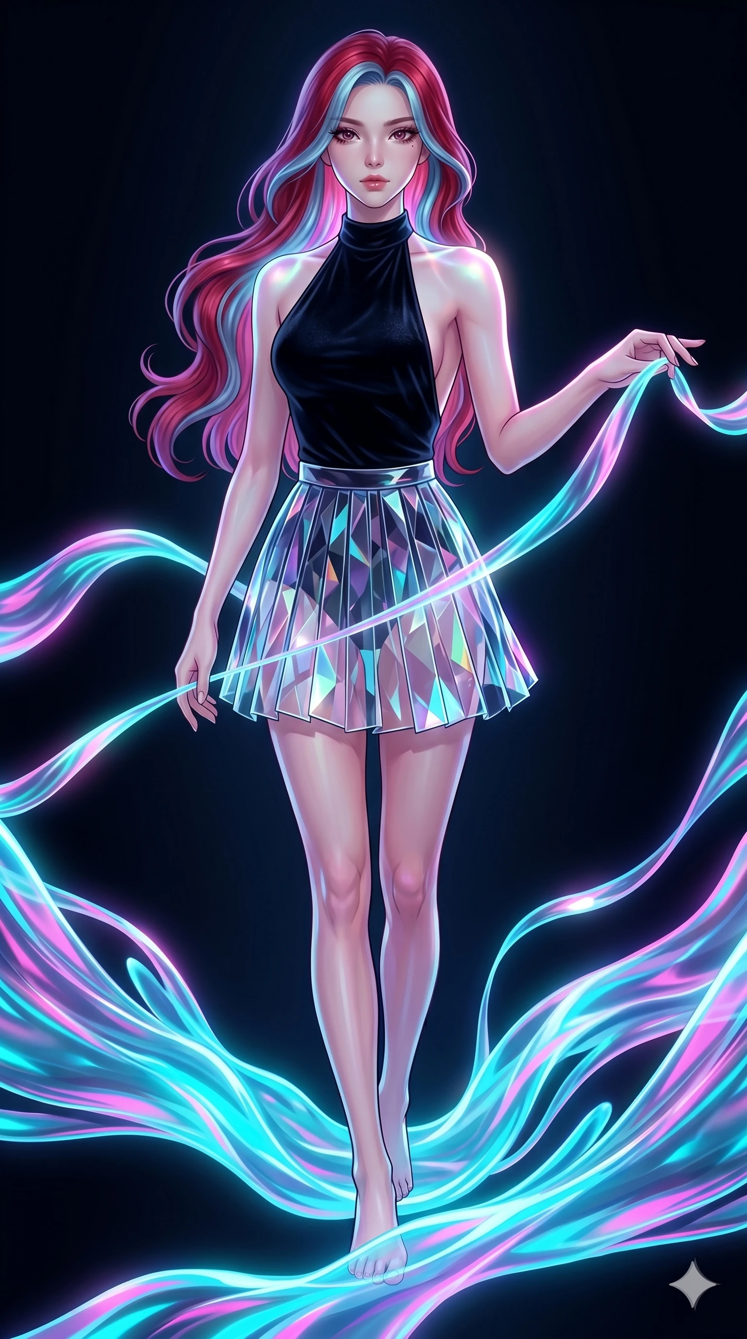 score_9, masterpiece, best quality, ultra-detailed, high-budget anime keyframe, Caucasian woman, strictly human ears. upper body close-up from the thighs up, character filling the screen for maximum presence. stepping on holographic fluid ribbons of sound that ripple with cyan and magenta light in a dark virtual void. She has an absolutely perfect 8-heads proportion, an exceptionally tall and slender female figure with impossibly long slender legs and an ultra-slim waist. V-shaped jawline, high-bridge nose, intricate jewel-like eyes with depth, thick eyelashes, glossy lips with a natural sheen.. wearing a fractal glass pleated skirt and a backless black velvet halter neck top, creating a dramatic and elegant silhouette. enhanced by a luminous pastel spectrum glow, casting elegant rim lights on her shoulders and jawline. 2k, ultra detail, master piece, 9:16 ratio