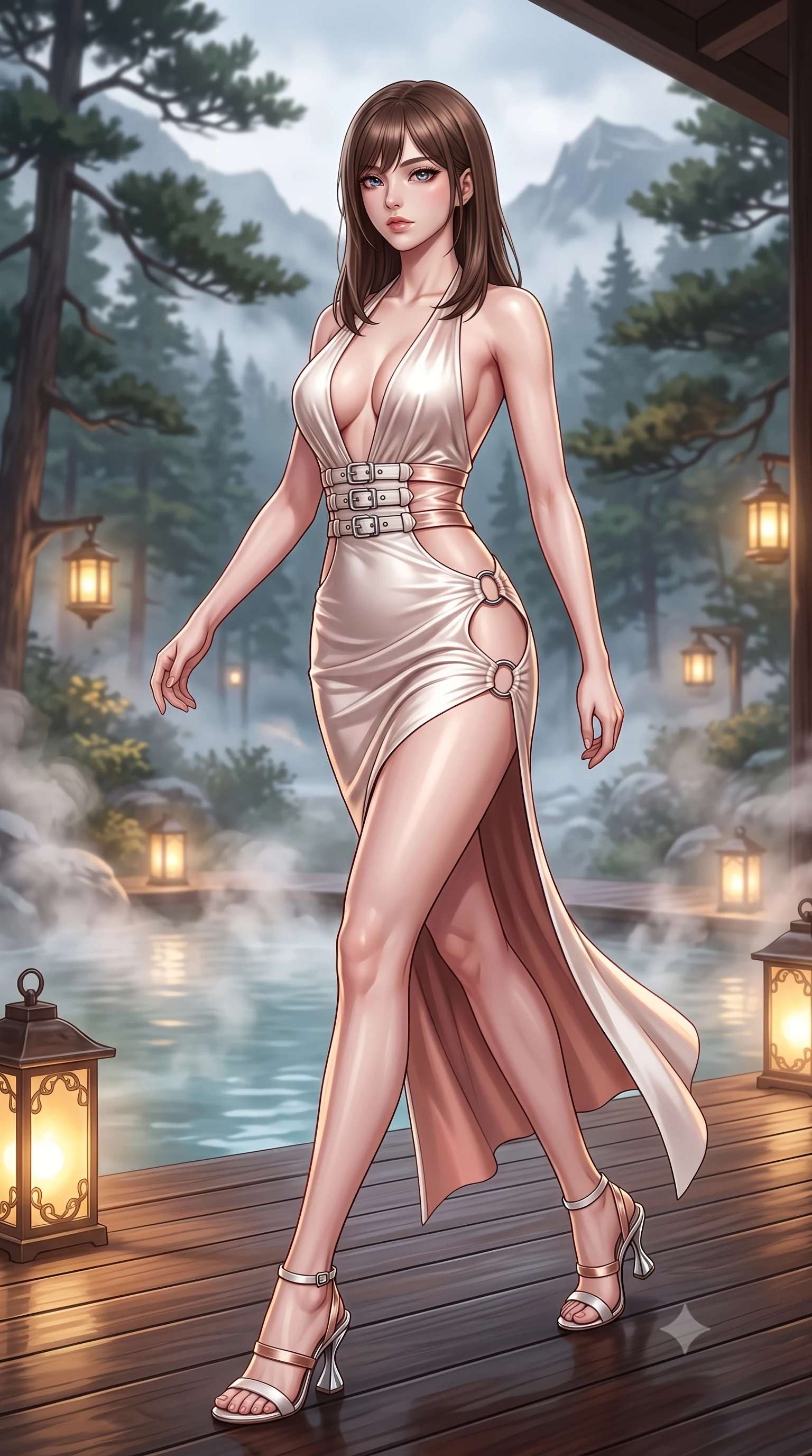 score_9, masterpiece, best quality, ultra-detailed, high-budget anime keyframe, editorial fashion photography, tasteful artistic composition, Korean woman. low angle full-body shot from head to toe showing her feet, filling the entire 9:16 vertical frame with her statuesque presence, stretching her vertical silhouette. forging dynamically through the scene, her vertical silhouette beautifully stretched poised on a polished wooden deck overlooking a serene mist-covered alpine forest, swirling thermal steam clouds scattering soft golden lantern light. She has an absolutely perfect, statuesque 8.5-heads proportion, an exceptionally tall and slender model-like female figure with impossibly long slender legs and an ultra-slim waist. sharp v-shaped jawline, high-bridge nose, intricate jewel-like eyes with depth, thick eyelashes, glossy lips with a natural sheen. wearing a deep-scoop halter bodycon dress with hip cutouts connected by silver rings in pearl white and rose gold, crafted from lustrous satin jersey with fluid draping, detailed with polished silver buckles along the waistline, the sleek second-skin texture accentuating her magnetic presence. surrounded by a tranquil, spa-like aura with soft specular highlights. highly saturated vibrant anime colors, detailed shading with soft gradients, rich glossy textures, high-contrast stereoscopic depth, volumetric dynamic lighting, master piece, 9:16 ratio