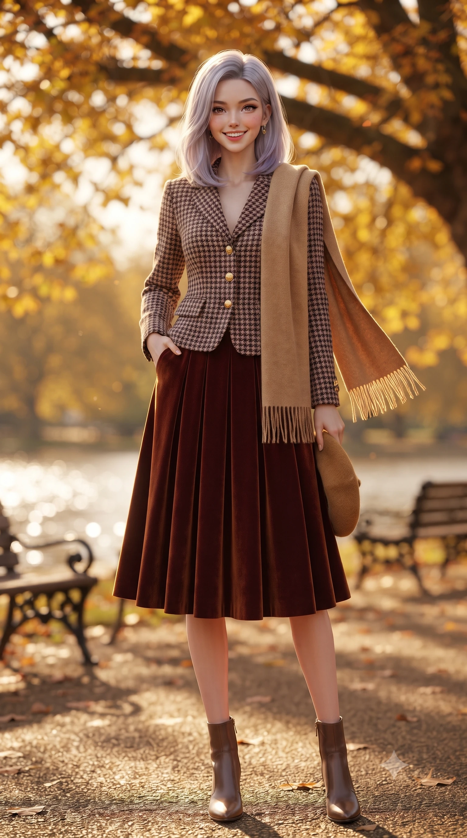 score_9, masterpiece, best quality, ultra-detailed, high-budget anime keyframe, editorial fashion photography, tasteful artistic composition, Caucasian woman. low angle full-body shot from head to toe showing her feet, filling the entire 9:16 vertical frame with her statuesque presence, stretching her vertical silhouette. standing tall and centered in the frame with hands tucked into her coat pockets, radiating statuesque poise and calm warmth while pausing beneath a monumental golden beech tree, one hand lightly holding her wool beret as an autumn breeze sweeps by. The background shows a soft-focus canopy of vibrant yellow, bronze, and crimson autumn leaves, glittering Serpentine lake surface, and historic park benches blurred into golden amber and sapphire bokeh. She has an exceptionally tall and slender model-like 8.5-heads proportion, an ultra-slim waist, a flat toned midriff, narrow delicate ribcage, and beautifully sculpted feminine hips creating a graceful, slim hourglass silhouette without any bulky heaviness, with impossibly long slender legs. sharp v-shaped jawline, high-bridge nose, intricate jewel-like sparkling eyes with depth, thick eyelashes, glossy parted lips with a natural peach sheen, bright cheerful beaming smile with an enchanting and coquettish sensual glint, exuding both youthful cute charm and seductive allure, flawlessly proportioned anatomical accuracy, strict slender model proportions, natural body alignment, perfectly sculpted long slender limbs, ultra-slim waistline, clean dynamic posture without body distortion. wearing a structured houndstooth tweed jacket with gold embossed buttons and a matching pleated A-line midi skirt in rich Oxford burgundy and golden amber, crafted from rich cotton velvet with deep light-absorbing pile and soft gradients, accented with a wide brushed cashmere fringe scarf draped elegantly over one shoulder, the precision-cut high-waisted tailoring accentuating her ultra-slim waist and long slender leg line with immaculate aristocratic poise. illuminated by lake water shimmer fill and rich copper-gold rim lights defining her razor-sharp jawline and tall slender figure. ultra-reflective glossy finish, specular highlights, rich textural contrasts, high-contrast stereoscopic depth, volumetric dynamic lighting, 2k, ultra detail, master piece, 9:16 ratio