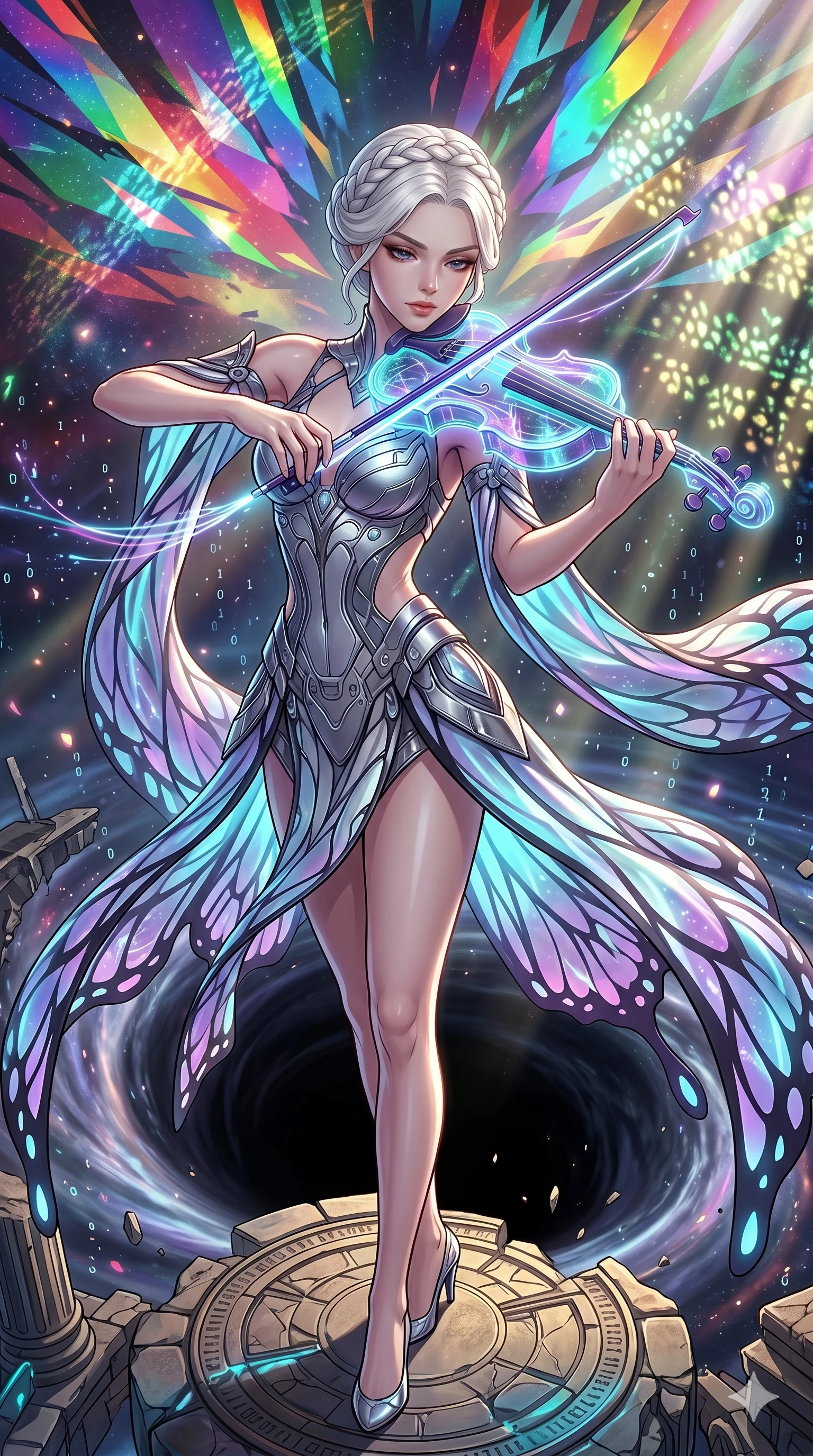 score_9, masterpiece, best quality, ultra-detailed, Set A: High-budget Anime Keyframe, Japanese woman. Upper body close-up from the thighs up, character filling the screen for maximum presence. Theme: Historical Remix. playing a holographic violin in the edge of a black hole, with a look of serene power as the sky splits into 28 colors. The atmosphere is filled with cinematic sunlight through leaves. She has an absolutely perfect 8-heads proportion, an exceptionally tall and slender female figure with impossibly long slender legs and an ultra-slim waist. Sharp v-shaped jawline, high-bridge nose, intricate jewel-like eyes with depth, glossy lips. Wearing Cybernetic butterfly-theme dress with glowing wing-patterned silk capes. Cinematic lighting, vivid colors, dramatic shadows, 2k, ultra detail, master piece, 9:16 ratio
