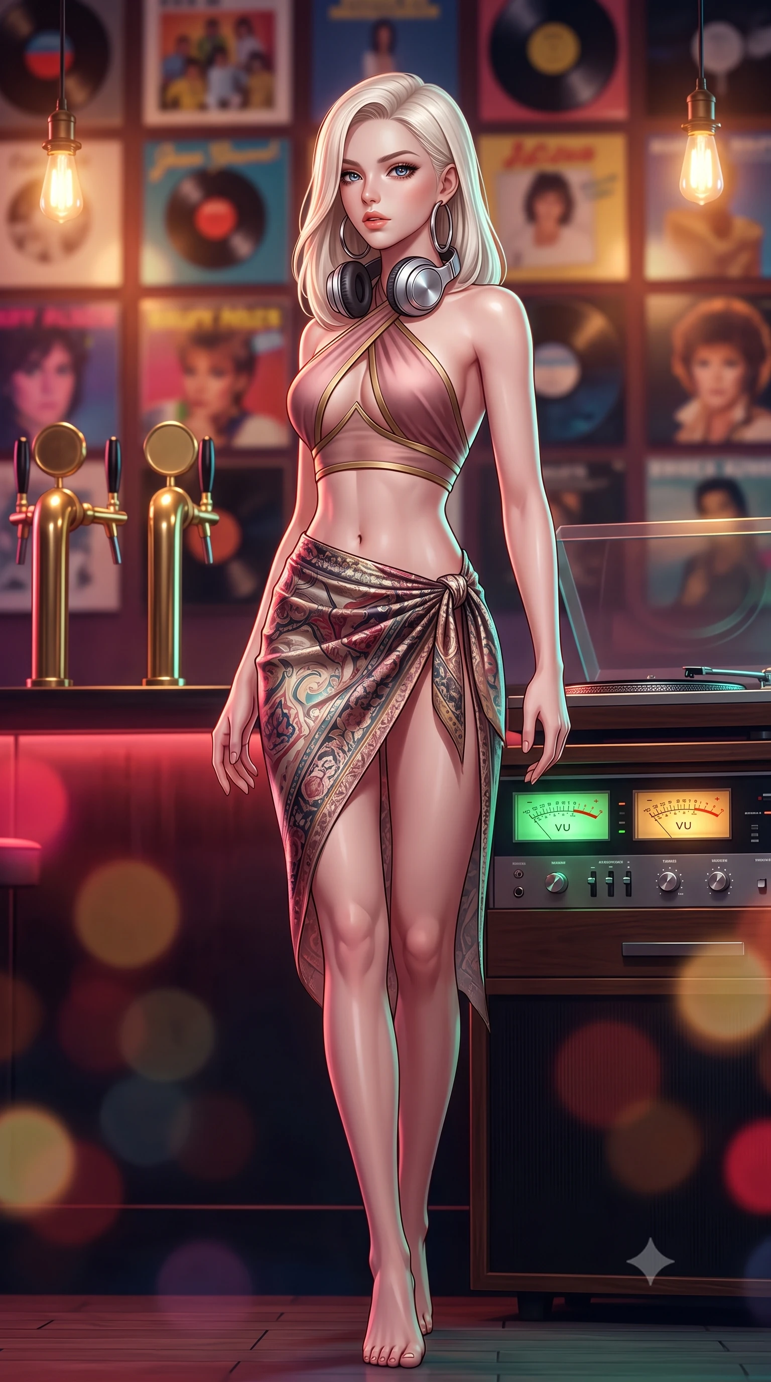 score_9, masterpiece, best quality, ultra-detailed, high-budget anime keyframe, semi-realistic 3D game render, editorial fashion photography, tasteful artistic composition, Caucasian woman. low angle full-body shot from head to toe showing her feet, filling the entire 9:16 vertical frame with her statuesque presence, stretching her vertical silhouette. walking along the moonlit terrace with poise, looking back over her bare shoulder with an irresistible smoldering bedroom-gaze while twisting her slender torso in an alluring contrapposto stance beside the vintage turntable console, headphones resting around her neck. The background shows a soft-focus walls of colorful 80s vinyl album covers, brass bar taps, and glowing analog stereo equalizer displays blurred into ruby, brass, and smoky amber bokeh. She has an absolutely perfect, statuesque 8.5-heads proportion, an exceptionally tall and slender model-like female figure with impossibly long slender legs, an ultra-slim waist, a flat toned midriff, narrow delicate ribcage, and beautifully sculpted feminine hips creating a graceful, slim hourglass silhouette without any bulky heaviness. sharp v-shaped jawline, high-bridge nose, sparkling eyes with hypnotic seductive depth, thick curled eyelashes, glossy parted lips with a natural dewy peach sheen, alluring bedroom-eyes with an enchanting coquettish smile, exuding magnetic siren charisma and sophisticated glamour, flawlessly proportioned anatomical accuracy, strict slender model proportions, natural body alignment, perfectly sculpted long slender limbs, ultra-slim waistline, clean dynamic posture without body distortion. wearing a high-waisted silk wrap sarong skirt with a hip-high slit paired with a plunging criss-cross satin halter top in dusky blush rose and antique gold trims, made of semi-opaque stretch illusion mesh with soft shadowy contours, accented with oversized polished chrome hoop earrings catching the ambient neon glow, the second-skin tailored fabric adhering flawlessly to her sculpted flat midriff and slender torso, emphasizing her long leg lines and perfectly proportioned willowy build. bathed in warm incandescent pendant lighting and glowing green-and-amber stereo VU meter backlights. highly saturated vibrant anime colors, detailed shading with soft gradients, rich glossy textures, high-contrast stereoscopic depth, volumetric dynamic lighting, master piece, 9:16 ratio