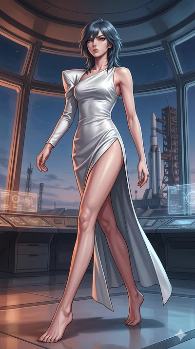 score_9, masterpiece, best quality, ultra-detailed, high-budget anime keyframe, editorial fashion photography, tasteful artistic composition, Caucasian woman, strictly human ears. low angle full-body shot from head to toe showing her feet, filling th