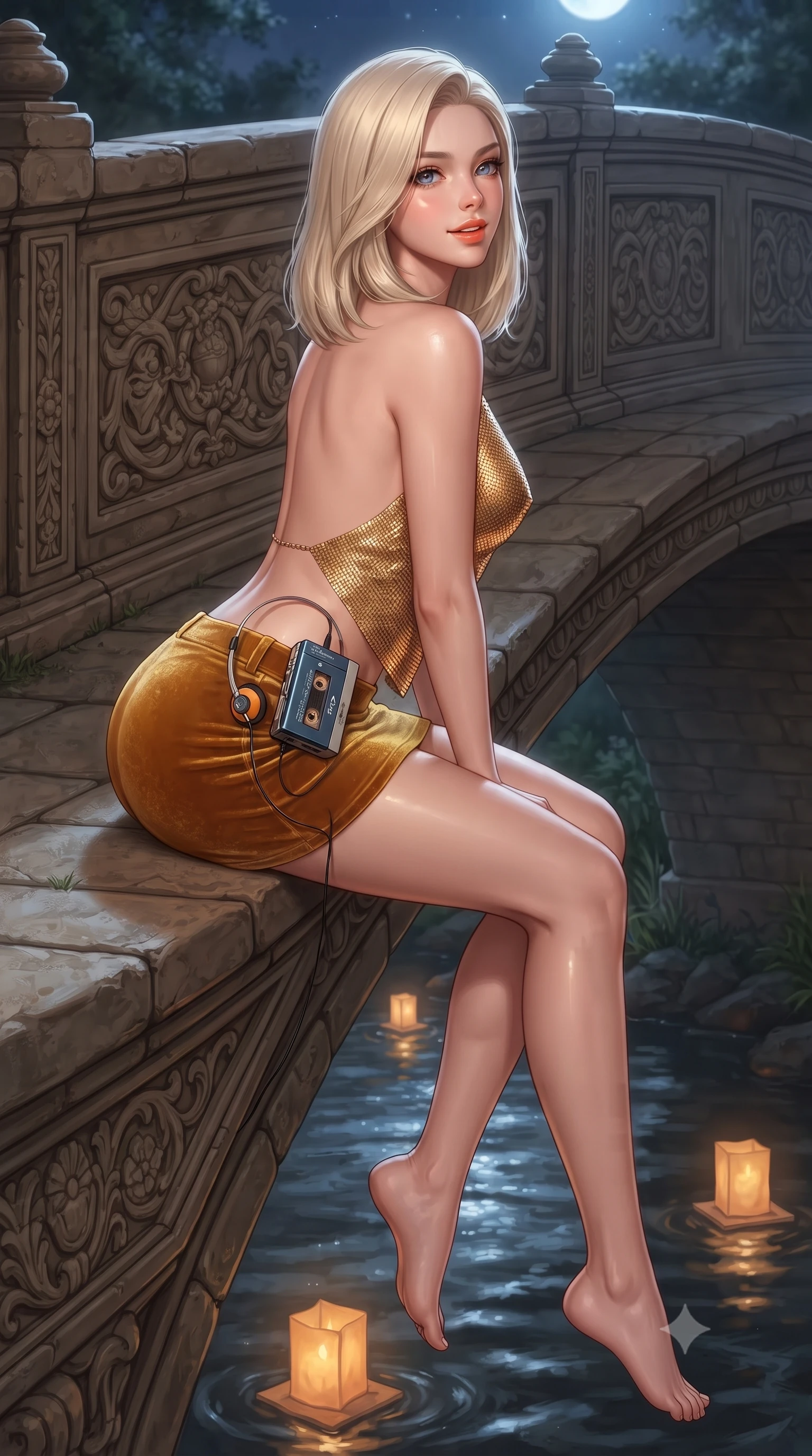 score_9, masterpiece, best quality, ultra-detailed, high-budget anime keyframe, editorial fashion photography, tasteful artistic composition, Caucasian woman. close-up cowboy shot from the waist and thighs up, the character dominates the composition, filling the frame with her large presence. posing in an alluring rear three-quarter angle, looking over a bare shoulder with parted glossy lips, her hips cocked back to highlight her slim hourglass curve while sitting perched on the bridge parapet with legs dangling gracefully toward the water, flashing a radiant yet seductive half-smile. The surrounding environment is rendered in vivid detail and crisp panoramic clarity: detailed sheer silk garment weave, sparkling eyes with athletic depth, and classic bridge relief in razor-sharp precision. She has an exceptionally elegant, slender, and willowy female figure with an ultra-slim waist, flat toned midriff, narrow ribcage, and sculpted feminine hips creating an alluring, slim hourglass silhouette without bulk. sharp v-shaped jawline, high-bridge nose, sparkling eyes with hypnotic seductive depth, thick curled eyelashes, glossy parted lips with a natural dewy peach sheen, alluring bedroom-eyes with an enchanting coquettish smile, exuding magnetic siren charisma and sophisticated glamour, flawlessly proportioned anatomical accuracy, strict slender model proportions, natural body alignment, perfectly sculpted long slender limbs, ultra-slim waistline, clean dynamic posture without body distortion. wearing a liquid gold chainmail cowl halter top paired with an ultra-low-rise velvet mini skirt in warm amber honey and antique gold leaf, tailored from fine ribbed modal knit with gentle elastic contouring and soft hand-feel, complemented by a retro cassette walkman with vintage foam-padded orange headphones, the form-contouring silhouette accentuating her sculpted flat midriff, narrow delicate ribcage, and gracefully curvy hips with intoxicating allure. bathed in radiant celestial moonlight combined with floating candle lantern glows from the stream. ultra-reflective glossy finish, specular highlights, rich textural contrasts, high-contrast stereoscopic depth, volumetric dynamic lighting, 2k, ultra detail, master piece, 9:16 ratio