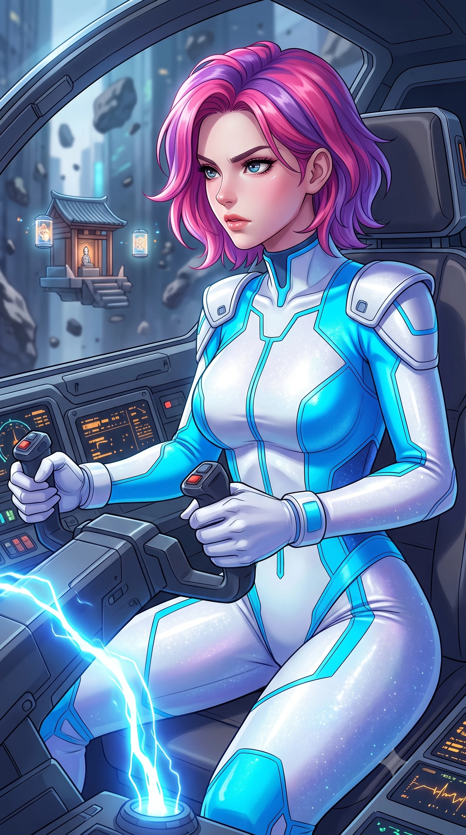 score_9, masterpiece, best quality, ultra-detailed, high-budget anime keyframe, editorial fashion photography, tasteful artistic composition, Caucasian woman, strictly human ears. close-up cowboy shot from the waist and thighs up, the character dominates the composition, filling the frame with her large presence, background elements kept in soft focus. Piloting a starfighter through a tight asteroid gap, hands tight on the flight yoke, looking sharply left. set against a soft-focus background of a small futuristic shrine squeezed between high-rises, featuring holographic projection lanterns that flicker erratically. She has an exceptionally elegant and slender, willowy female figure with an ultra-slim waist, a gracefully sculpted slender torso, and a refined slim physique. sharp v-shaped jawline, high-bridge nose, intricate jewel-like eyes with depth, thick eyelashes, glossy lips with a natural sheen. wearing catching and diffusing the glowing particles, shimmering softly in response to the surrounding light, a form-contouring body-hugging flight suit in pristine white and neon blue panels, featuring a high collar and structured shoulder guards. highly saturated vibrant anime colors, intense vivid color palette, soft 3D volumetric shading, volumetric dynamic lighting, pulsing electric blue plasma arc lighting rising dramatically from below. 2k, ultra detail, master piece, 9:16 ratio