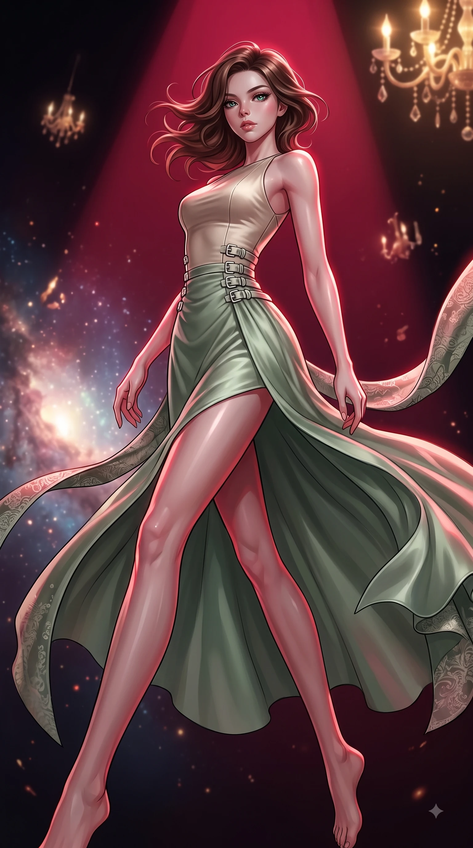 score_9, masterpiece, best quality, ultra-detailed, high-budget anime keyframe, editorial fashion photography, tasteful artistic composition, Korean woman. low angle full-body shot from head to toe showing her feet, filling the entire 9:16 vertical frame with her statuesque presence, stretching her vertical silhouette. pivoting dynamically in zero-gravity with fluid S-curve alignment, displaying her perfect model proportions while poised in a dramatic low-angle stance as deep crimson theatrical spotlights isolate her figure, dramatic theatrical lighting emphasizing every curve of her athletic build. She has an absolutely perfect, statuesque 8.5-heads proportion, an exceptionally tall and slender model-like female figure with impossibly long slender legs and an ultra-slim waist. sharp v-shaped jawline, high-bridge nose, intricate jewel-like eyes with depth, thick eyelashes, glossy lips with a natural sheen, flawlessly proportioned anatomical accuracy, natural body alignment, perfectly sculpted elegant limbs, clean dynamic posture without body distortion. wearing a modern fusion silk hanbok dress with a structured bodice and flowing skirt in sage green and oatmeal, crafted from smooth liquid silk, detailed with polished silver buckles along the waistline, the sleek second-skin texture accentuating her magnetic presence. illuminated by radiant cosmic nebula light and warm golden chandelier glow. ultra-reflective glossy finish, specular highlights, metallic sheen, high-contrast stereoscopic depth, volumetric dynamic lighting, 2k, ultra detail, master piece, 9:16 ratio