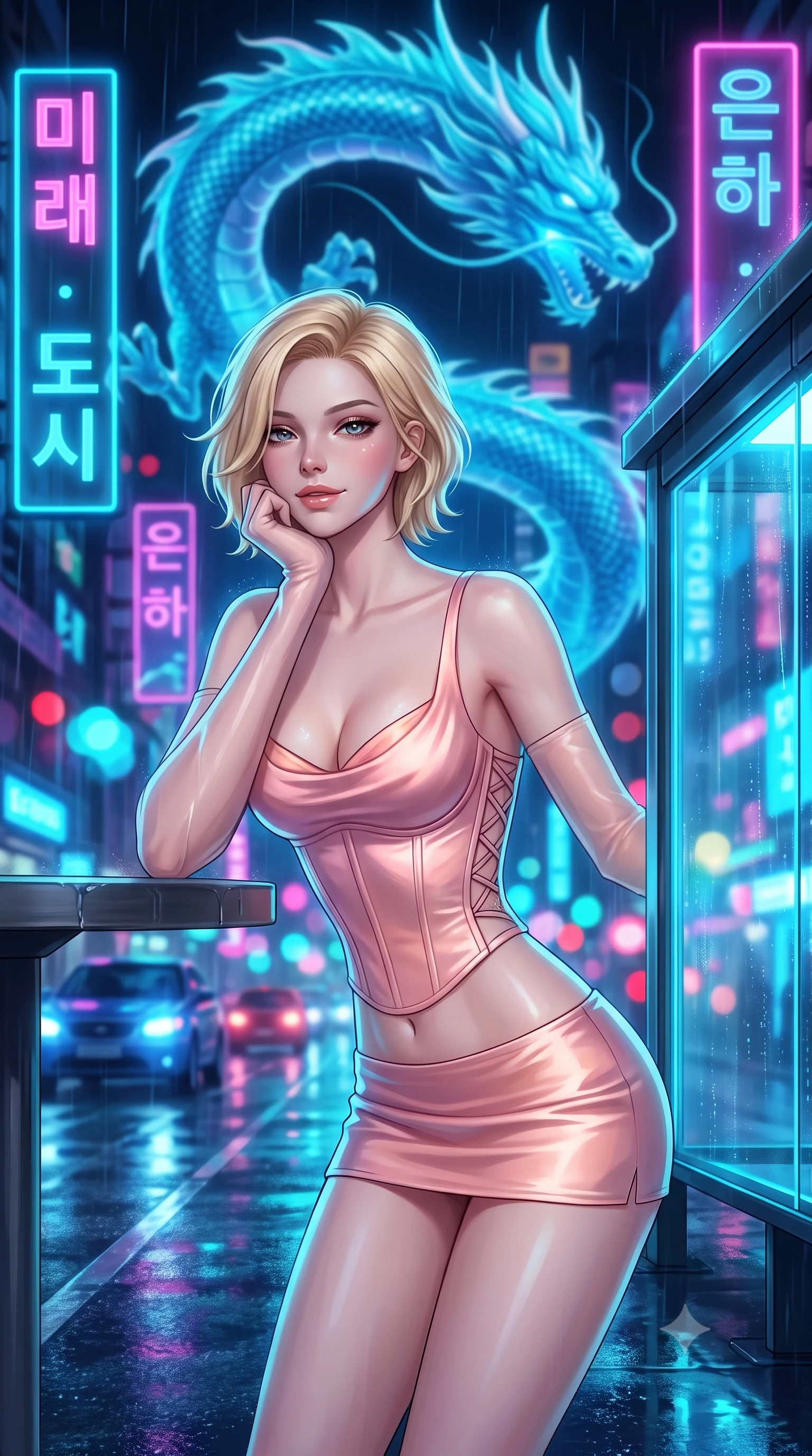 score_9, masterpiece, best quality, ultra-detailed, high-budget anime keyframe, semi-realistic 3D game render, editorial fashion photography, tasteful artistic composition, Caucasian woman. close-up cowboy shot from the waist and thighs up, the character dominates the composition, filling the frame with her large presence. resting one elbow on the table and supporting her chin, leaning close to the camera with heavy-lidded sparkling eyes and parted lips while leaning against the glowing smart-glass transit shelter with hips cocked back, gazing through transparent laser umbrella canopy with smoldering bedroom-eyes. The background shows a soft-focus gigantic coiling holographic azure dragon, towering neon Hangul holographic signs, and rain-slicked futuristic traffic blurred into electric cyan, cobalt, and crimson bokeh. She has an exceptionally elegant, slender, and willowy female figure with an ultra-slim waist, flat toned midriff, narrow ribcage, and sculpted feminine hips creating an alluring, slim hourglass silhouette without bulk. sharp v-shaped jawline, high-bridge nose, intricate jewel-like sparkling eyes with depth, thick eyelashes, glossy parted lips with a natural peach sheen, bright cheerful beaming smile with an enchanting and coquettish sensual glint, exuding both youthful cute charm and seductive allure, flawlessly proportioned anatomical accuracy, strict slender model proportions, natural body alignment, perfectly sculpted long slender limbs, ultra-slim waistline, clean dynamic posture without body distortion. wearing a sculpted satin cyber-corset with lace-up side ties paired with a low-rise micro skirt in Solaris liquid rose-quartz and alien peach, crafted from fluid liquid silk satin that clings smoothly to her narrow waist and rounded hips with a dewy sheen, complemented by sheer opera-length evening gloves tracing her slender arms, the form-contouring silhouette accentuating her sculpted flat midriff, narrow delicate ribcage, and gracefully curvy hips with intoxicating allure. illuminated by wet pavement reflection bounce and sharp electric-cyan rim lights defining her jawline, narrow waist, and curvy hips. highly saturated vibrant anime colors, detailed shading with soft gradients, rich glossy textures, high-contrast stereoscopic depth, volumetric dynamic lighting, master piece, 9:16 ratio