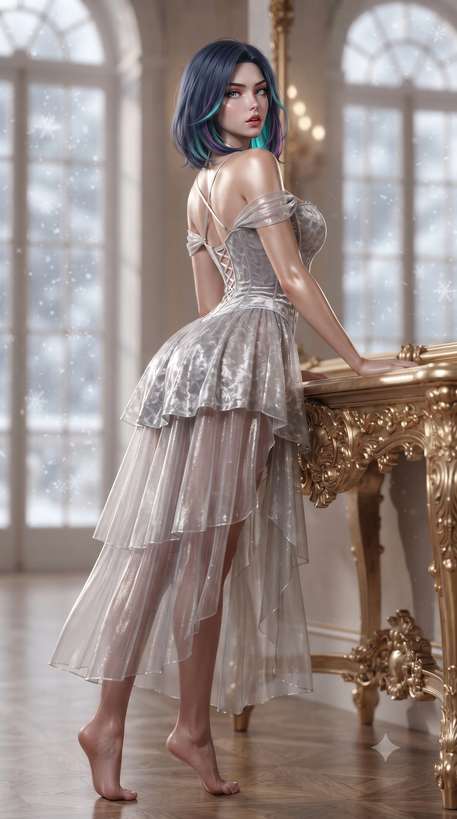 score_9, masterpiece, best quality, ultra-detailed, high-budget anime keyframe, semi-realistic 3D game render, editorial fashion photography, tasteful artistic composition, Caucasian woman. low angle full-body shot from head to toe showing her feet, filling the entire 9:16 vertical frame with her statuesque presence, stretching her vertical silhouette. executing an elegant mid-motion pivot turn as garments swirl around her slender limbs, glancing over her shoulder with an intoxicating bedroom-gaze while leaning back against a carved gilded console table with hips cocked, casting a haughty, imperial bedroom-gaze into the mirrored salon. The composition keeps background elements in soft focus with creamy bokeh. swirling snowflakes outside the grand windows softened in opulent imperial shallow focus. She has an exceptionally tall and slender model-like 8.5-heads proportion, an ultra-slim waist, a flat toned midriff, narrow delicate ribcage, and beautifully sculpted feminine hips creating a graceful, slim hourglass silhouette without any bulky heaviness, with impossibly long slender legs. sharp v-shaped jawline, high-bridge nose, intricate jewel-like eyes with depth, thick eyelashes, glossy parted lips with a natural sheen, intensely captivating and seductive bedroom-eyes expression, flawlessly proportioned anatomical accuracy, strict slender model proportions, natural body alignment, perfectly sculpted long slender limbs, ultra-slim waistline, clean dynamic posture without body distortion. wearing an off-shoulder French court corset bodice dress paired with a tiered translucent chiffon slit skirt in shimmering silver mercury and pearl white, crafted from heavyweight crushed silk velvet with liquid vintage luster, finished with criss-cross back satin straps highlighting her graceful shoulder blades, the liquid-tight tailored fabric clinging flawlessly to her narrow waist and rounded feminine hips, emphasizing every millimeter of her sculpted slim hourglass curves without any bulky heaviness. illuminated by gilded bronze specular reflections accentuating her sculpted collarbones, narrow waist, and curvy hips. highly saturated vibrant anime colors, detailed shading with soft gradients, rich glossy textures, high-contrast stereoscopic depth, volumetric dynamic lighting, master piece, 9:16 ratio