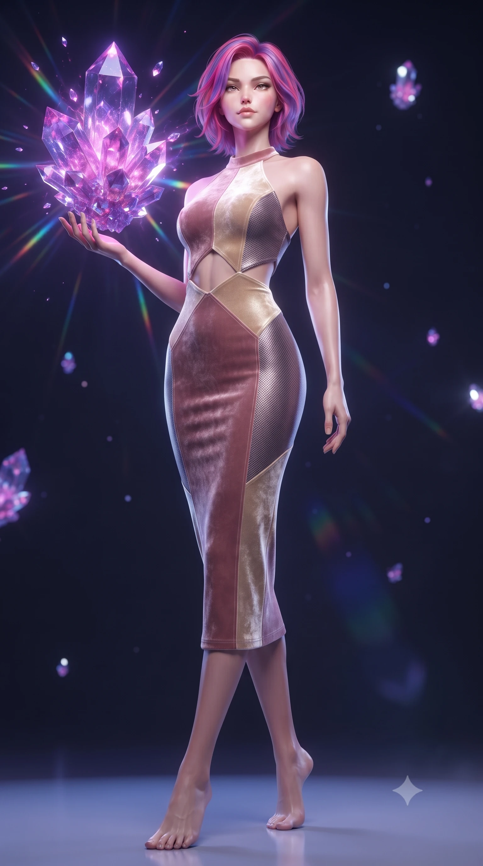 score_9, masterpiece, best quality, ultra-detailed, high-budget anime keyframe, editorial fashion photography, tasteful artistic composition, Caucasian woman. low angle full-body shot from head to toe showing her feet, filling the entire 9:16 vertical frame with her statuesque presence, stretching her vertical silhouette. interacting gracefully with the magical floating elements while maintaining a confident posture touching a giant floating violet crystal cluster emitting pulsing energy, massive violet and magenta crystal facets scattering prismatic light rays. She has an absolutely perfect, statuesque 8.5-heads proportion, an exceptionally tall and slender model-like female figure with impossibly long slender legs and an ultra-slim waist. sharp v-shaped jawline, high-bridge nose, intricate jewel-like eyes with depth, thick eyelashes, glossy lips with a natural sheen. wearing a velvet halter-neck midi dress following her form like a glove in dusty rose and champagne gold, made of fine carbon-fiber weave and soft matte leather, featuring subtle geometric cutouts that highlight her ultra-slim midriff, the sleek second-skin texture accentuating her magnetic presence. surrounded by a cool jewel-toned luminescence with bright specular rim lights. ultra-reflective glossy finish, specular highlights, metallic sheen, high-contrast stereoscopic depth, volumetric dynamic lighting, 2k, ultra detail, master piece, 9:16 ratio