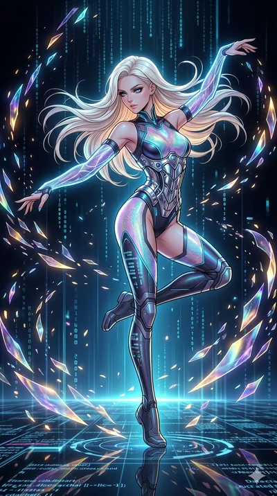 score_9, masterpiece, best quality, ultra-detailed, high-budget anime movie keyframe, cinematic anime lighting, intricate line art, Japanese woman. Low angle cowboy shot filling the entire 9:16 frame with her statuesque presence. dancing with data-sh