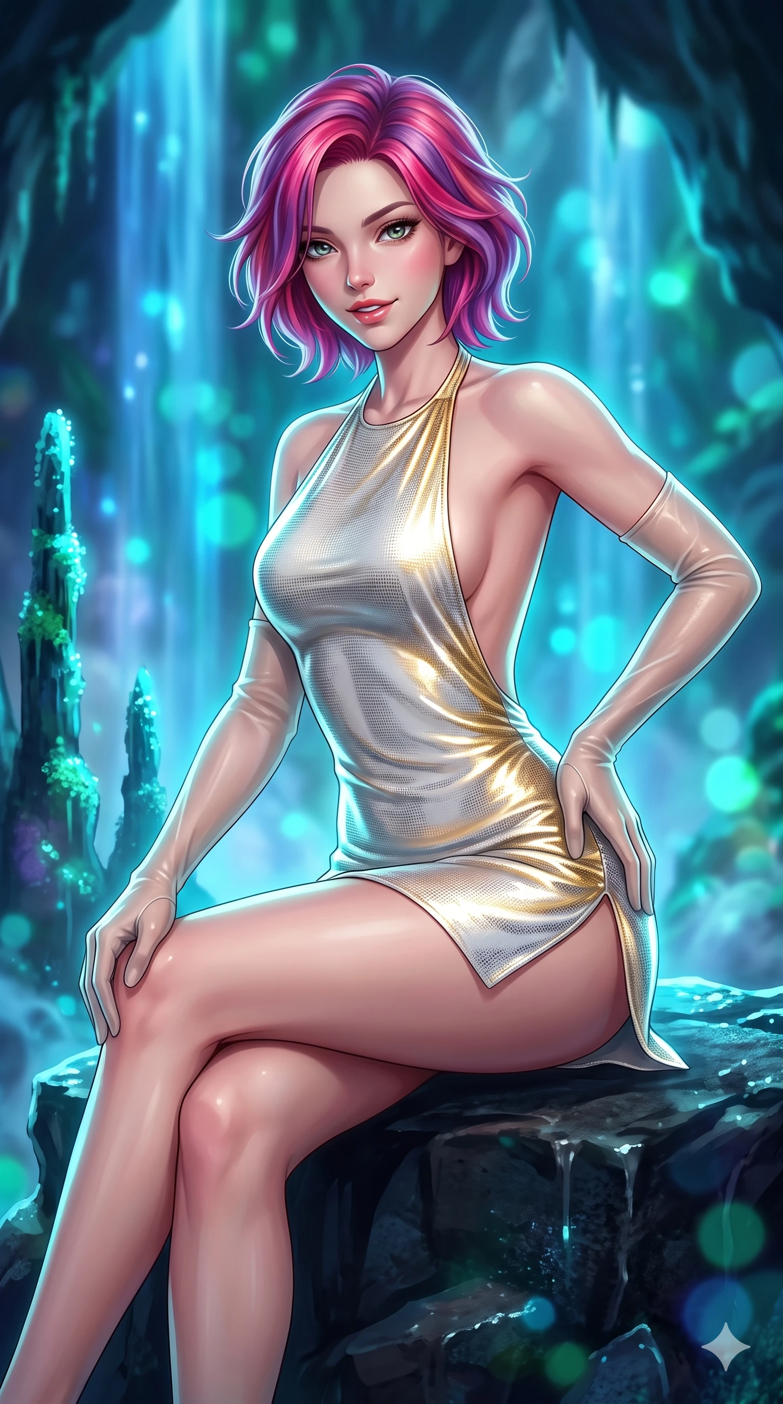score_9, masterpiece, best quality, ultra-detailed, high-budget anime keyframe, semi-realistic 3D game render, editorial fashion photography, tasteful artistic composition, Caucasian woman. close-up cowboy shot from the waist and thighs up, the character dominates the composition, filling the frame with her large presence. tilting her head with a teasing half-smile, running one hand slowly down the side of her hip in a flirtatious S-curve as ambient light caresses her silhouette while sitting gracefully on the rock outcropping with legs crossed, flashing a playful, flirtatious smile with parted glossy lips. The background shows a soft-focus cascading luminescent blue waterfalls, glowing cyan moss on vertical spires, and swirling cavern mists blurred into electric blue, turquoise, and jade bokeh. She has an exceptionally elegant, slender, and willowy female figure with an ultra-slim waist, flat toned midriff, narrow ribcage, and sculpted feminine hips creating an alluring, slim hourglass silhouette without bulk. sharp v-shaped jawline, high-bridge nose, intricate jewel-like sparkling eyes with depth, thick eyelashes, glossy parted lips with a natural peach sheen, bright cheerful beaming smile with an enchanting and coquettish sensual glint, exuding both youthful cute charm and seductive allure, flawlessly proportioned anatomical accuracy, strict slender model proportions, natural body alignment, perfectly sculpted long slender limbs, ultra-slim waistline, clean dynamic posture without body distortion. wearing an alluring backless metallic lamé halterneck mini dress with deep scoop back down to her lower spine and thigh-high slit in Kintsugi celestial white porcelain and liquid gold, crafted from stretch micro-mesh with liquid foil coating that shimmers with every movement, complemented by sheer opera-length evening gloves tracing her slender arms, the second-skin tailored fabric adhering flawlessly to her sculpted flat midriff and slender torso, emphasizing her long leg lines and perfectly proportioned willowy build. illuminated by waterfall spray bounce and sharp cyan-white rim lights defining her jawline, narrow waist, and curvy hips. highly saturated vibrant anime colors, detailed shading with soft gradients, rich glossy textures, high-contrast stereoscopic depth, volumetric dynamic lighting, master piece, 9:16 ratio