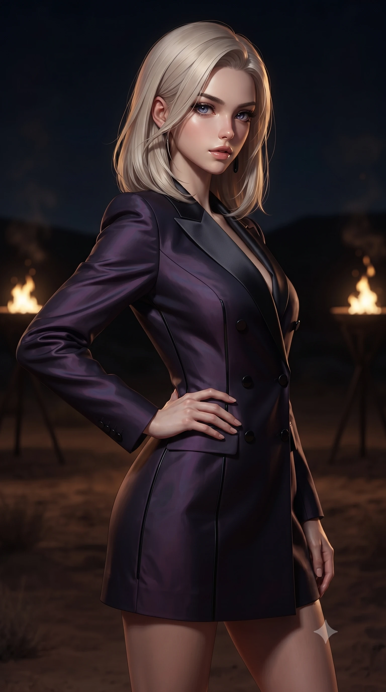 score_9, masterpiece, best quality, ultra-detailed, high-budget anime keyframe, editorial fashion photography, tasteful artistic composition, Caucasian woman. close-up cowboy shot from the waist and thighs up, the character dominates the composition, filling the frame with her large presence, background elements kept in soft focus. Holding a confident power pose with one hand on her hip, looking back with a magnetic gaze as bronze braziers cast warm rim rays, flickering bronze brazier light casting warm golden rays across her body. She has an exceptionally elegant, slender, and willowy female figure with an ultra-slim waist, a gracefully sculpted slender torso, and a refined silhouette. sharp v-shaped jawline, high-bridge nose, intricate jewel-like eyes with depth, thick eyelashes, glossy lips with a natural sheen. wearing tailored double-breasted obsidian blazer dress with silk lapels in dark charcoal gray, made of iridescent dark violet taffeta, adorned with minimalist black onyx hardware framing the silhouette, contouring every curve with an exceptionally elegant silhouette. lit by low-key flame light piercing through dark desert night air. ultra-reflective glossy finish, specular highlights, metallic sheen, high-contrast stereoscopic depth, volumetric dynamic lighting, 2k, ultra detail, master piece, 9:16 ratio