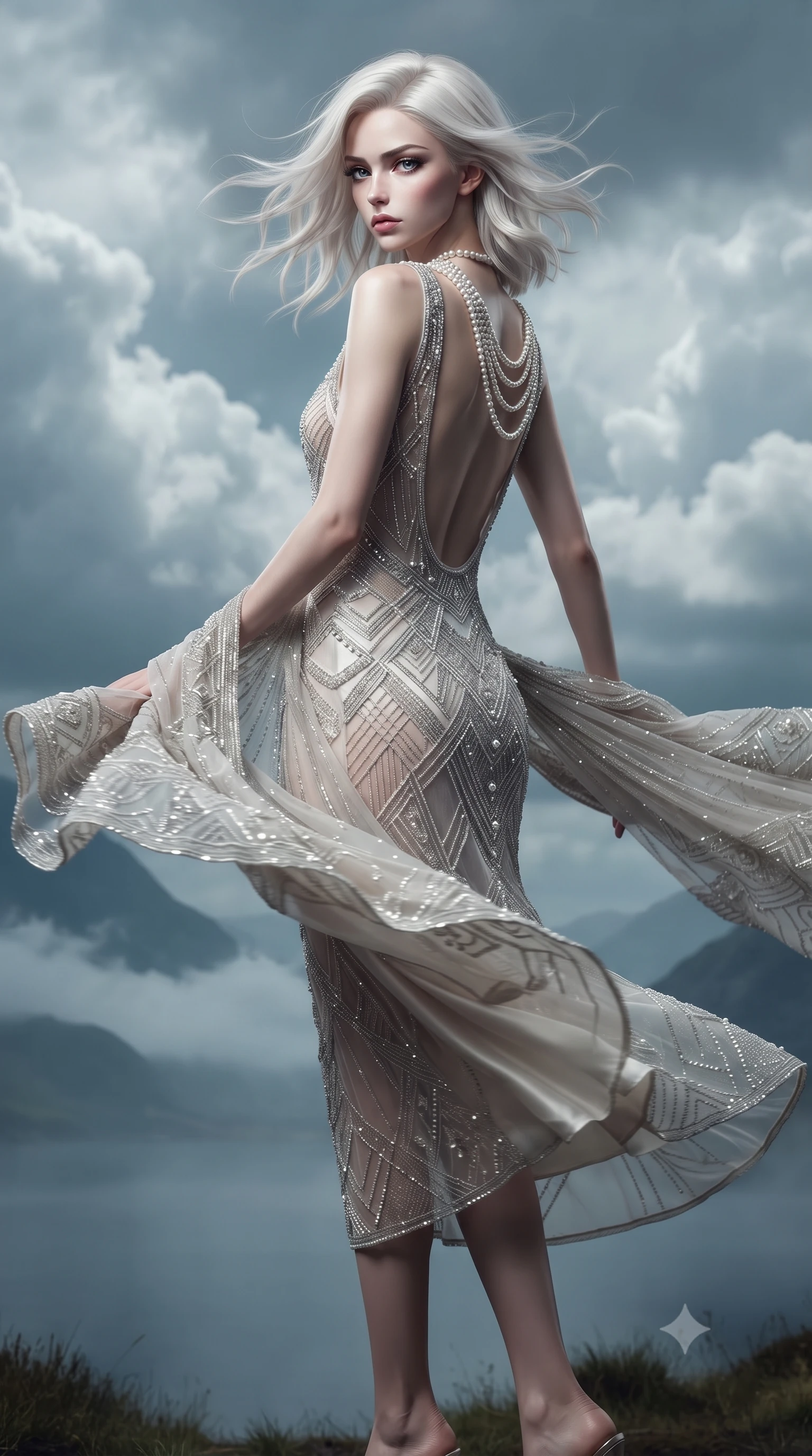 score_9, masterpiece, best quality, ultra-detailed, high-budget anime keyframe, editorial fashion photography, tasteful artistic composition, Caucasian woman. low angle full-body shot from head to toe showing her feet, filling the entire 9:16 vertical frame with her statuesque presence, stretching her vertical silhouette. executing an elegant mid-motion pivot turn as garments swirl around her slender limbs, glancing over her shoulder with an intoxicating bedroom-gaze while turning in an alluring contrapposto stance as her sweeping heavy fabric catches the highland breeze, gazing out over the mist-shrouded waters. The surrounding environment is rendered in vivid detail and crisp panoramic clarity. detailed heavy knit and velvet texture, wind-whipped hair strands, and dramatic cloud layers in high resolution. She has an exceptionally tall and slender model-like 8.5-heads proportion, an ultra-slim waist, a flat toned midriff, narrow delicate ribcage, and beautifully sculpted feminine hips creating a graceful, slim hourglass silhouette without any bulky heaviness, with impossibly long slender legs. sharp v-shaped jawline, high-bridge nose, intricate jewel-like eyes with depth, thick eyelashes, glossy parted lips with a natural sheen, intensely captivating and seductive bedroom-eyes expression, flawlessly proportioned anatomical accuracy, strict slender model proportions, natural body alignment, perfectly sculpted long slender limbs, ultra-slim waistline, clean dynamic posture without body distortion. wearing a sheer vintage mesh flapper dress adorned with intricate geometric beadwork over an opaque silk slip in shimmering silver mercury and pearl white, tailored from liquid silk jersey adhering flawlessly to her slender build, accented with a multi-strand pearl back necklace cascading down her bare spine to her hips, the precision-cut side openings and low-back scoop framing her graceful spine and the sensual sweep of her slim, toned hips. illuminated by cool misty ambient loch light softly contouring her razor-sharp jawline, narrow waist, and curvy hips. ultra-reflective glossy finish, specular highlights, rich textural contrasts, high-contrast stereoscopic depth, volumetric dynamic lighting, 2k, ultra detail, master piece, 9:16 ratio