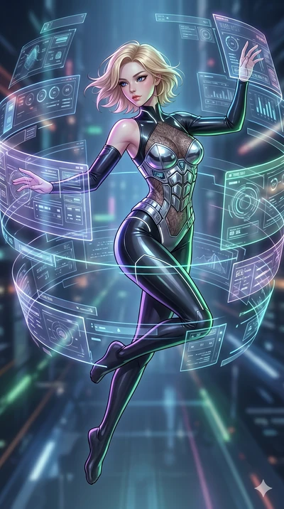 score_9, masterpiece, best quality, ultra-detailed, high-budget anime movie keyframe, cinematic anime lighting, intricate line art, Korean woman. Mid-air action shot capturing a graceful twist and vertical silhouette. operating a holographic console 
