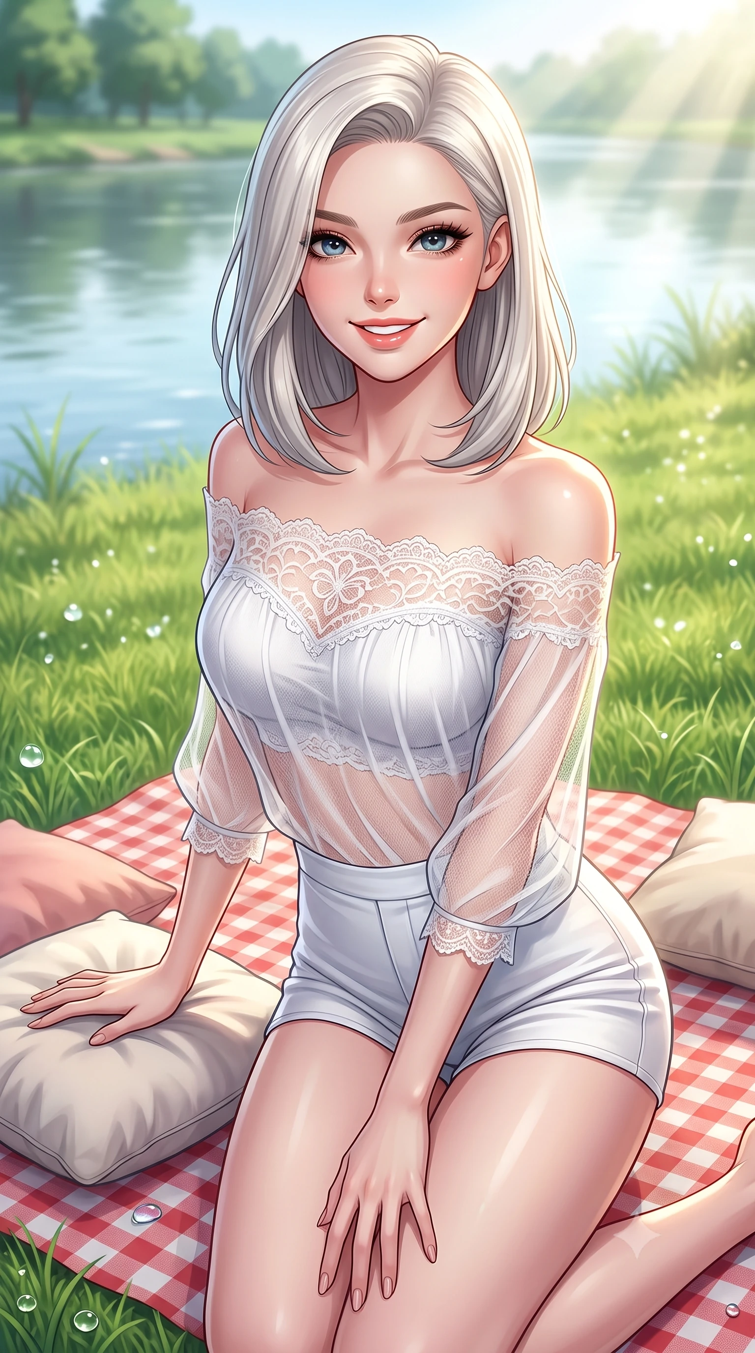 score_9, masterpiece, best quality, ultra-detailed, high-budget anime keyframe, editorial fashion photography, tasteful artistic composition, Caucasian woman. close-up cowboy shot from the waist and thighs up, the character dominates the composition, filling the frame with her large presence, background elements kept in soft focus. smiling with cute and bright self-assurance, looking directly at the viewer set against a soft-focus background of on a grassy riverside park lawn next to a wide, calm river with a red checkered picnic blanket and pillows arranged on the grass. She has an exceptionally elegant, slender, and willowy female figure with an ultra-slim waist, a gracefully sculpted slender torso, and a refined silhouette. sharp v-shaped jawline, high-bridge nose, intricate jewel-like eyes with depth, thick eyelashes, glossy lips with a natural sheen. wearing form-contouring delicate lace-trim off-shoulder blouse paired with a sheer mesh overlay and form-contouring mini shorts. bright morning sun rays creating fresh dewdrop reflections on the grass. highly saturated vibrant anime colors, detailed shading with soft gradients, rich glossy textures, high-contrast stereoscopic depth, volumetric dynamic lighting, master piece, 9:16 ratio