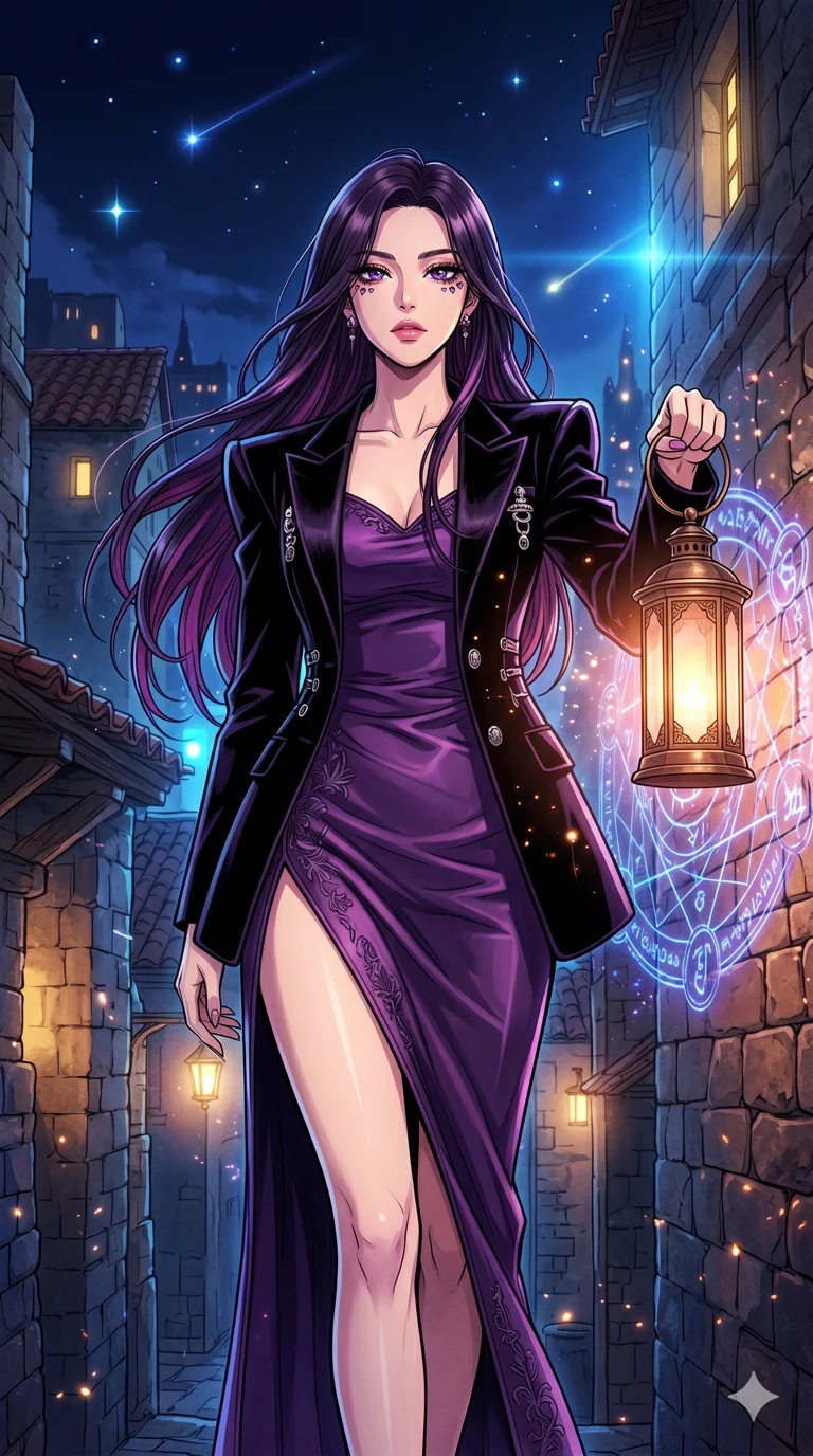 score_9, masterpiece, best quality, ultra-detailed, High-budget Anime Keyframe, beautiful Korean anime girl. Low angle cowboy shot filling the entire 9:16 frame with her overwhelming presence. Holding a lantern that reveals hidden magical symbols on the ancient city walls at night. She has an absolutely perfect 8-heads proportion, an exceptionally tall and slender female figure with impossibly long slender legs and an ultra-slim waist. Sharp v-shaped jawline, high-bridge nose, intricate jewel-like eyes with depth, thick eyelashes, glossy lips with a natural sheen. Wearing a High-Fashion Editorial outfit: amethyst silk slip dress with high side slit, backless velvet gown, structured blazer with nothing underneath. Background is a bright and colorful environment with cinematic lighting, dynamic particle effects, and high-contrast shadows. 2k, ultra detail, master piece, 9:16 ratio